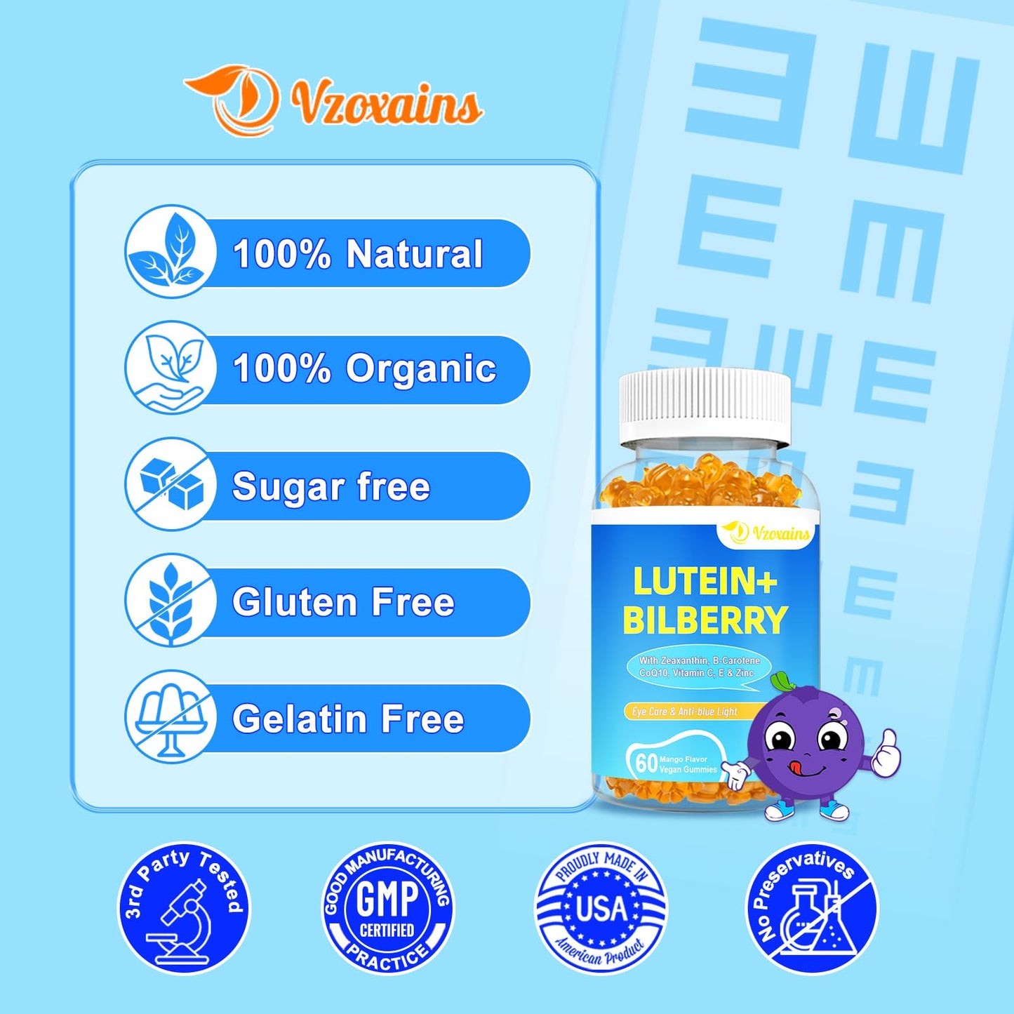 VZOXAINS Lutein & Zeaxanthin Gummies with Bilberry, Astaxanthin, Omega-3, Vitamin C & E - Sugar Free Eye Health Support, Dry Eye Relief & Macular Support, 120 Gummies
