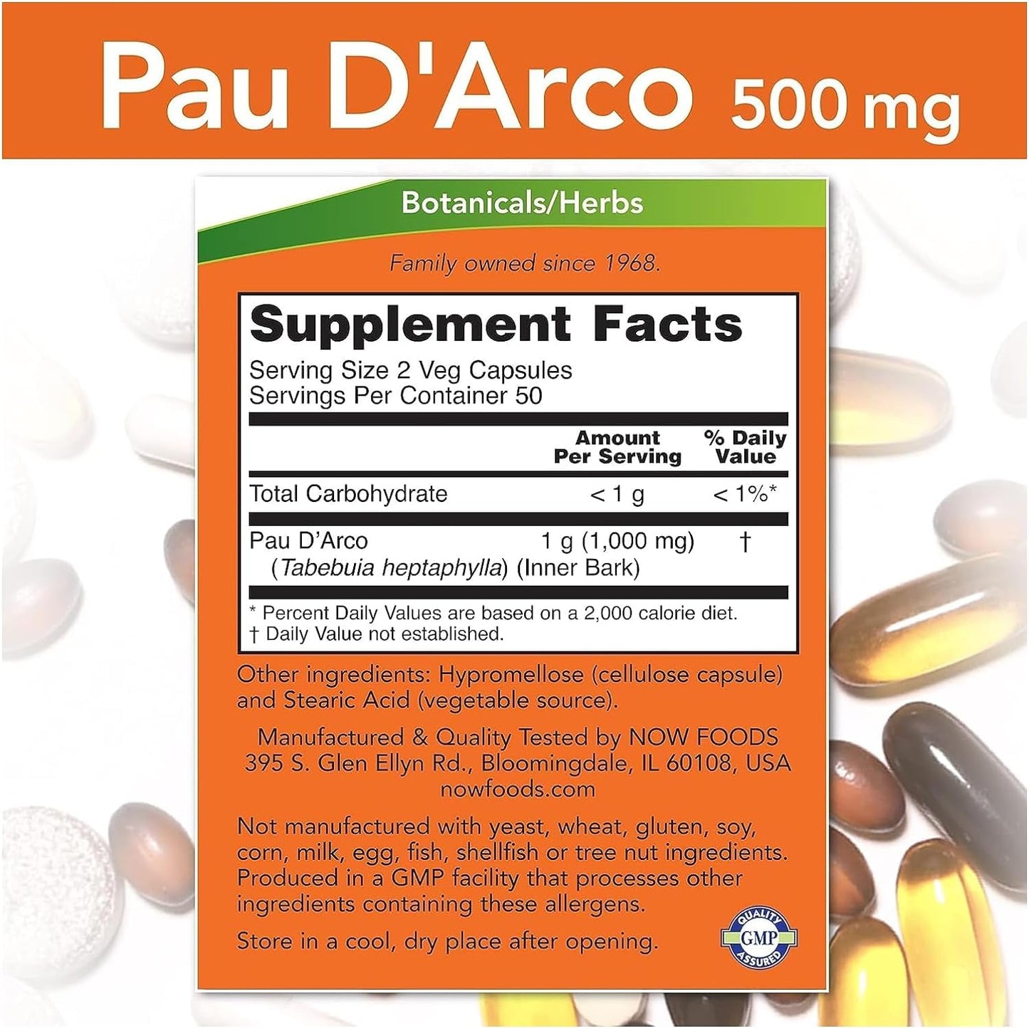 NOW Foods Pau D'Arco 500 mg, 100 Capsules
