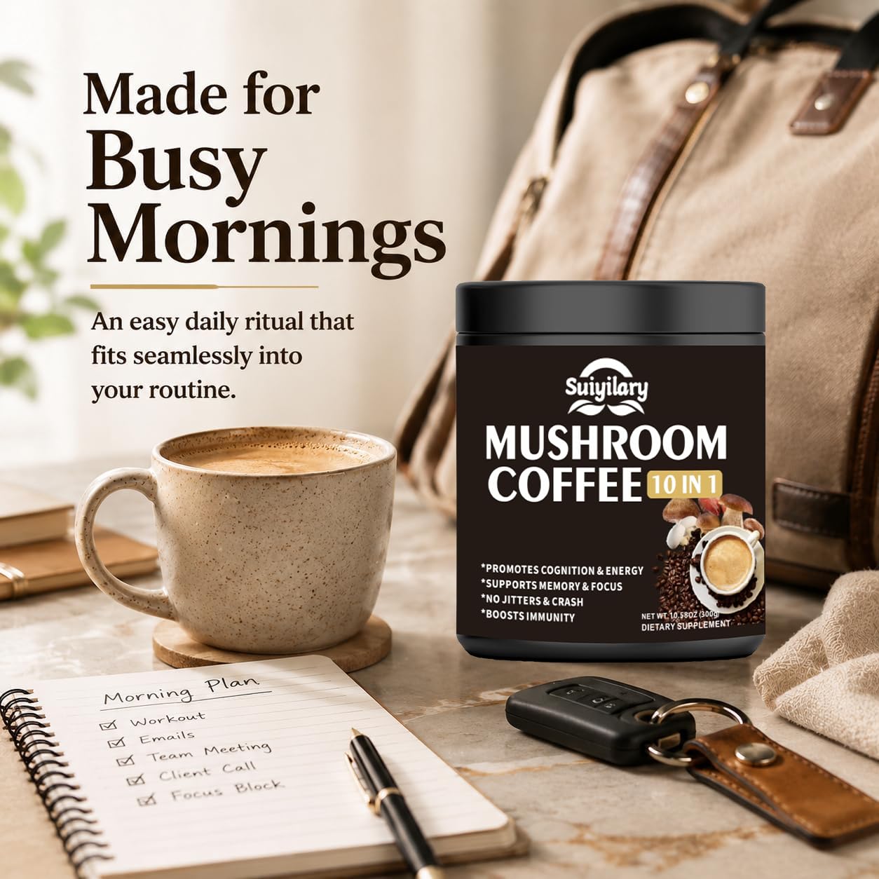 Suiyilary Mushroom Coffee 10 Mushroom Extract Powder Blend Lion's Mane, Reishi, Chaga, Cordyceps, Turkey Tail, Brain Support with Instant Coffee, Powder, 10.6 oz
