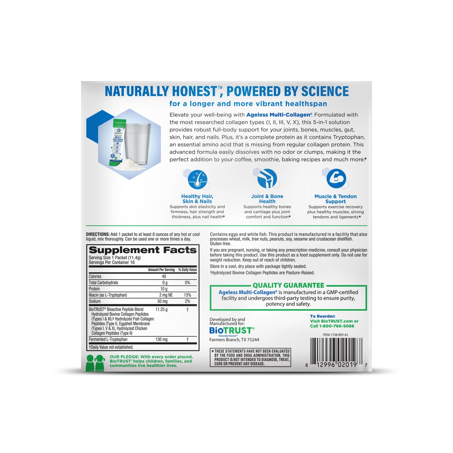 BioTrust Ageless Multi Collagen Peptides Powder - Unflavored - 16 Packets