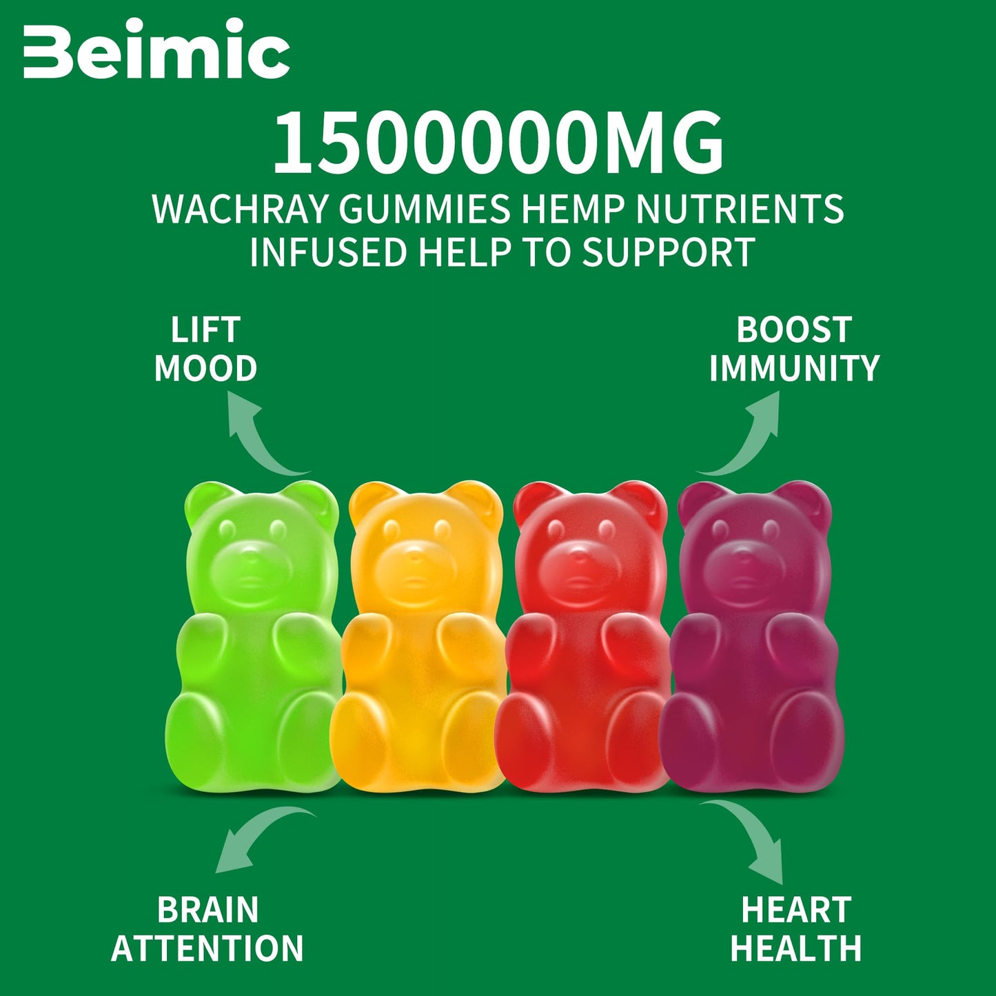 BEIMIC Naturals Fruit Hemp Gummies High Strength Natural Hemp Oil Infused, 60 Count