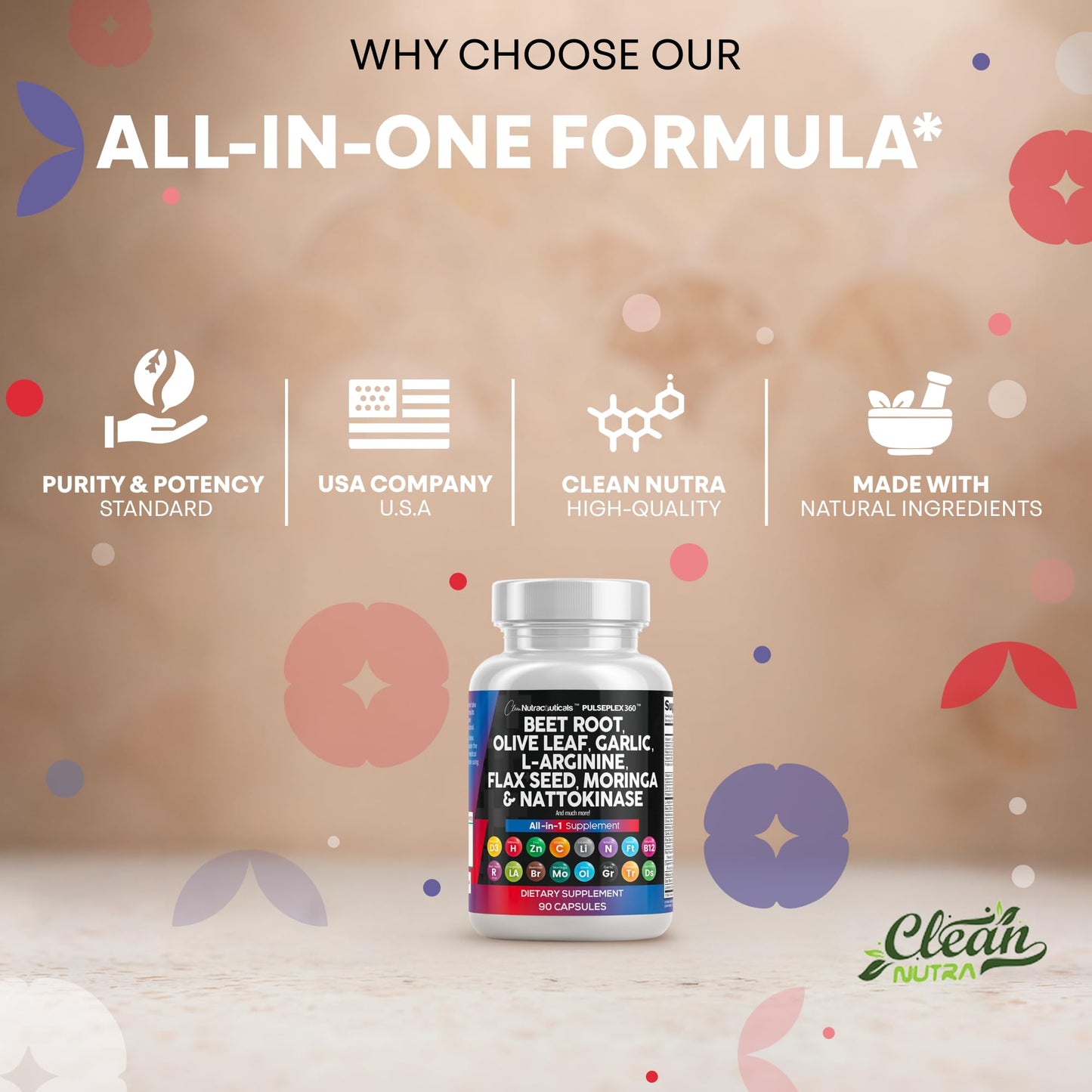 Clean Nutraceuticals Beet Root Capsule Blend with Olive Leaf Nattokinase Garlic Extract L-Arginine Omega-3 Red Yeast Rice Hibiscus Danshen - Healthy Support Supplement - 90 Capsules