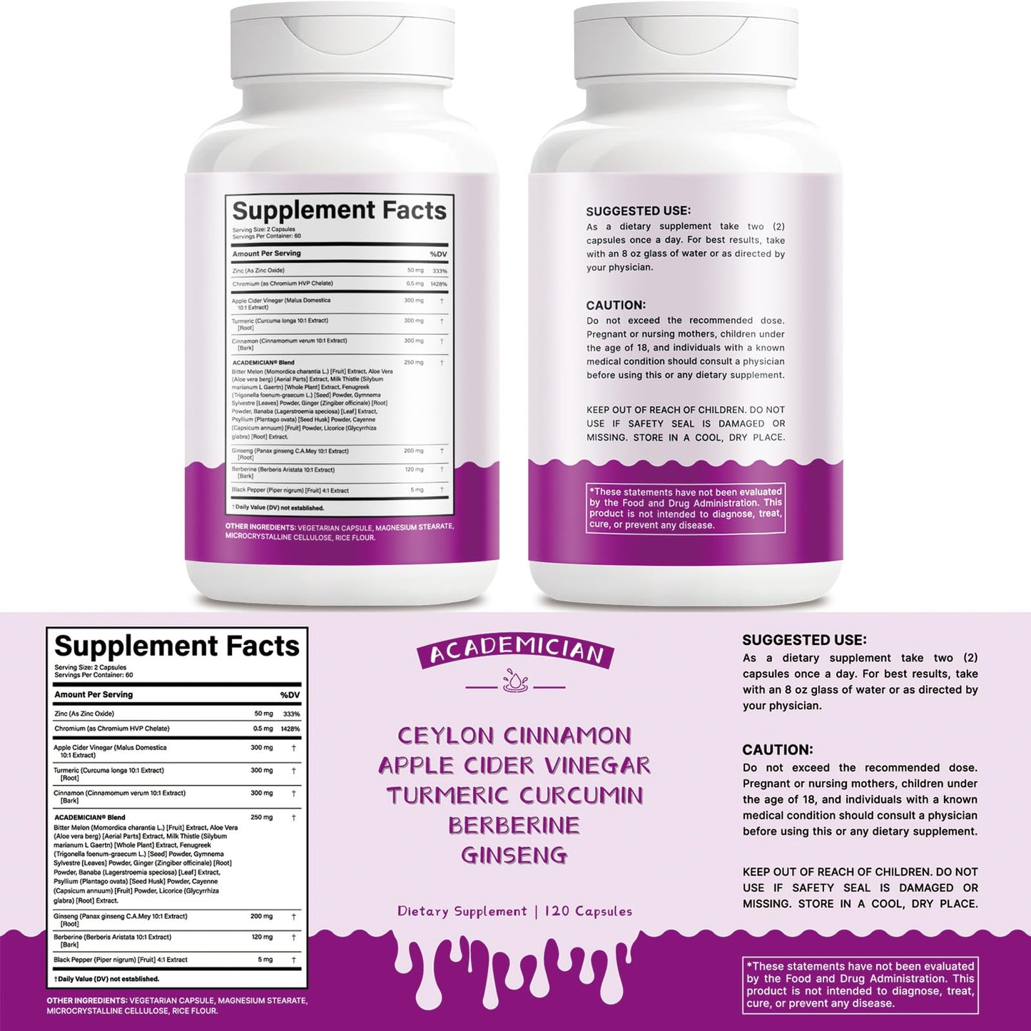 ACADEMICIAN Apple Cider Vinegar Capsule with Turmeric Curcumin Cinnamon Berberine Panax Ginseng - 120 Capsules