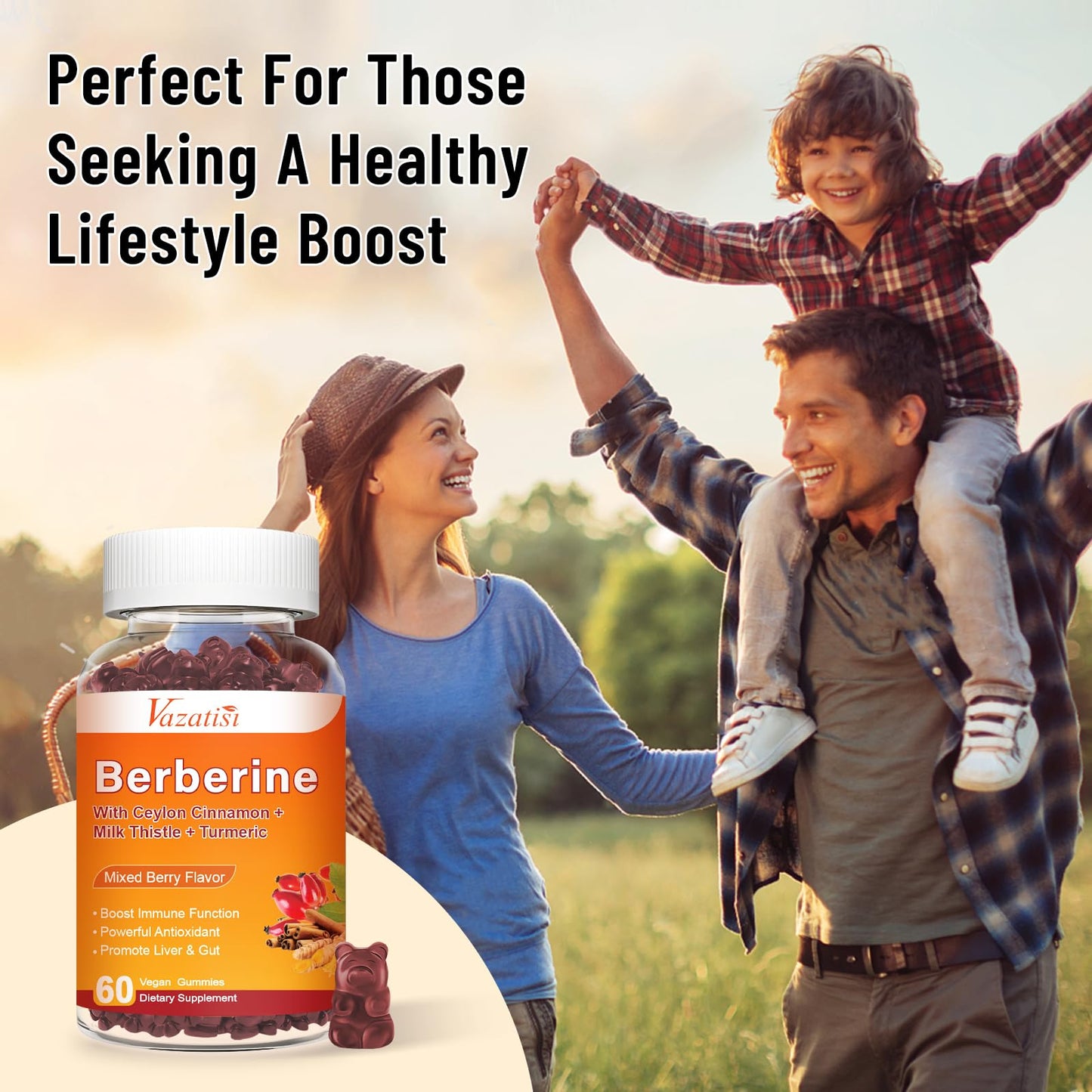 Vazatisi Berberine Gummies High Potency Berberine Supplement with Ceylon Cinnamon, Turmeric, Magnesium - Sugar Free, Non-GMO, Gluten-Free, Mixed Berry Flavor, 120 Gummies