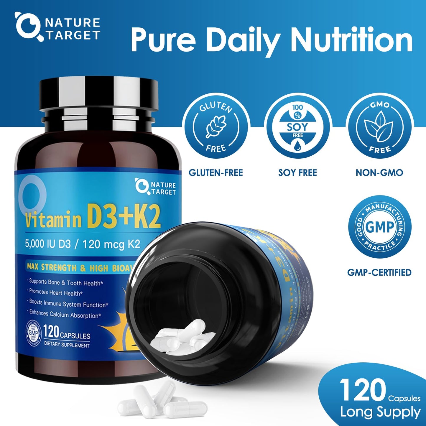 NATURE TARGET Vitamin D3 K2 with Calcium & Magnesium 6-in-1 Complex Capsule, 120 Count