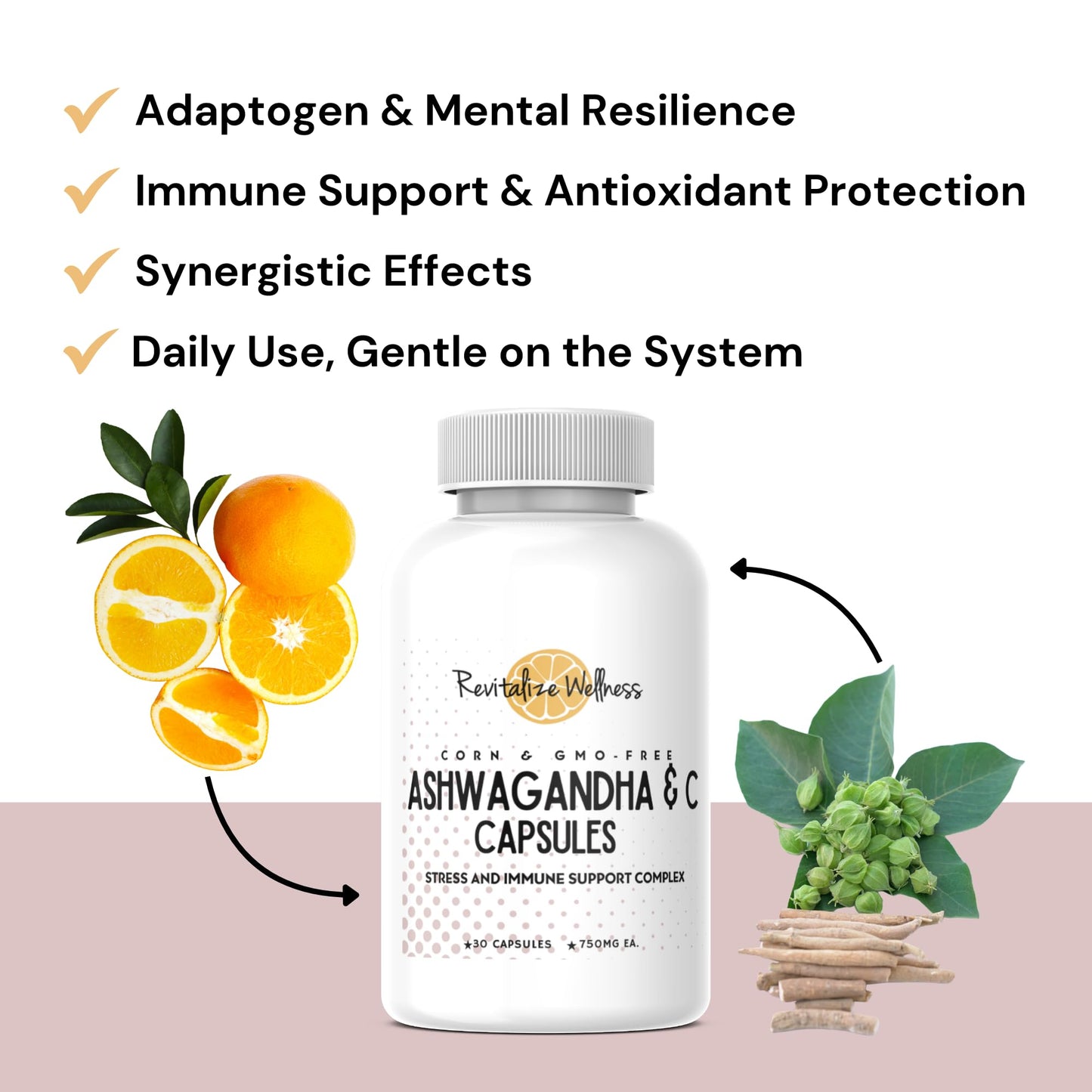 Revitalize Wellness Ashwagandha + Vitamin C Capsules, 30 Count