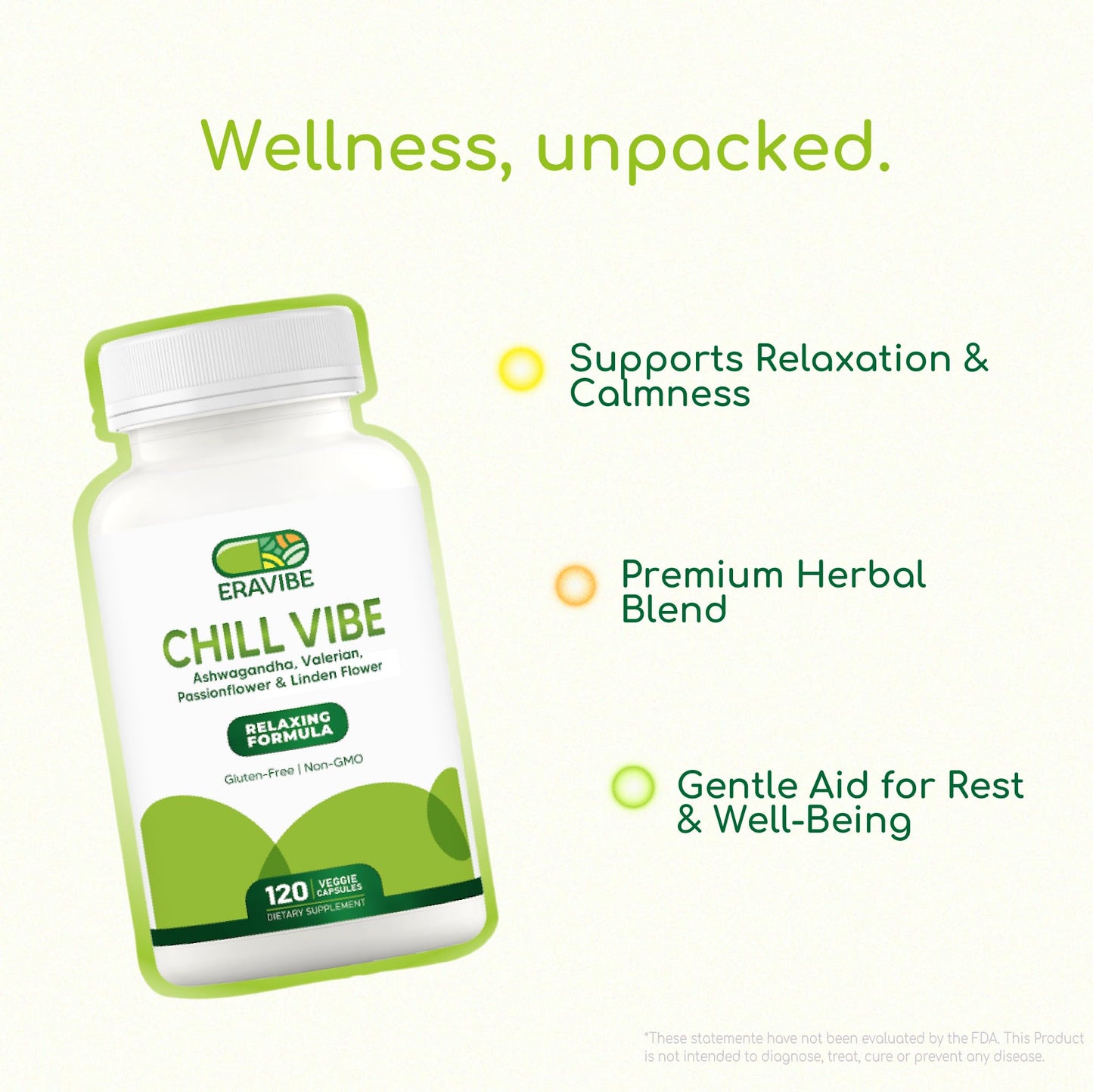 ERAVIBE Chill Vibe Herbal Blend with Ashwagandha, Valerian, Passionflower, Linden Flower & Vitamin B6 Veggie Capsules 120