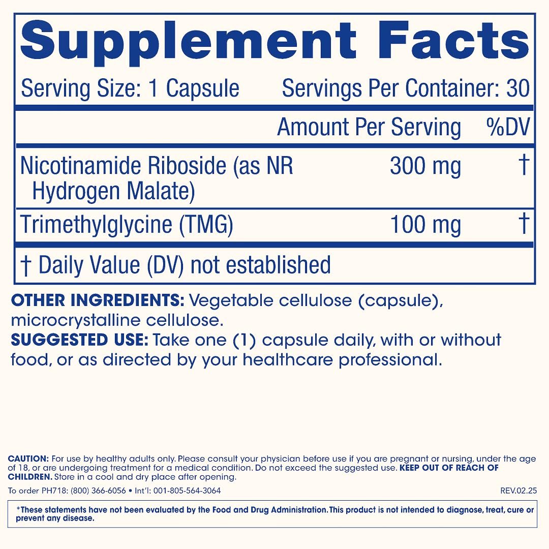 ProHealth Nicotinamide Riboside Pro 300 300mg NR (as NR Hydrogen Malate) Plus 100mg Trimethylglycine (TMG) Capsule 30 Count