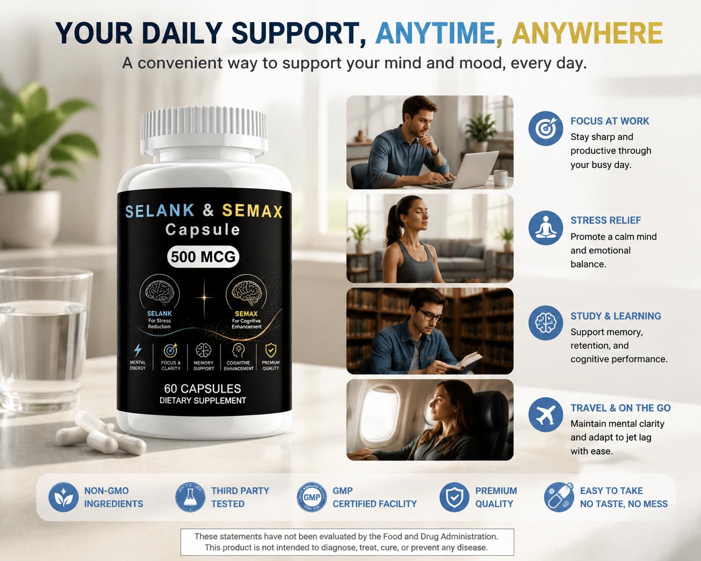 CAUDAN Selank Semax Blend Capsules, 500mcg, 60 Count