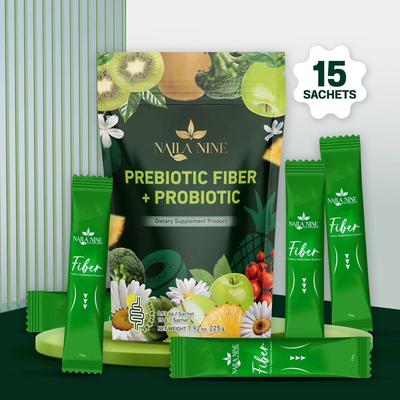 NAILA NINE Prebiotic Fiber Supplement Powder Apple and Kiwi Flavour, 15 Sachets