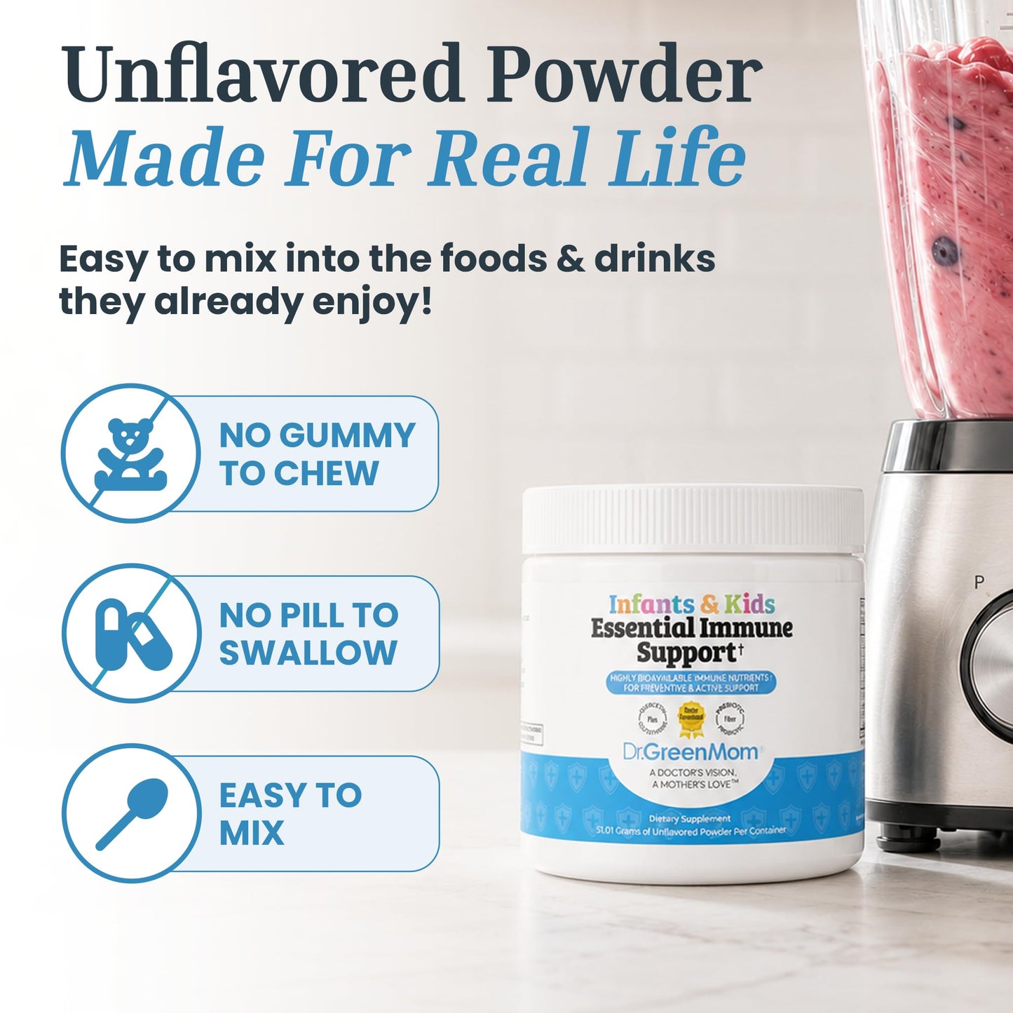 Dr. Green Mom Essential Immune Support for Kids Multivitamin with Probiotic, Zinc, Vitamin C, D3 & Quercetin Powder 1.79 oz