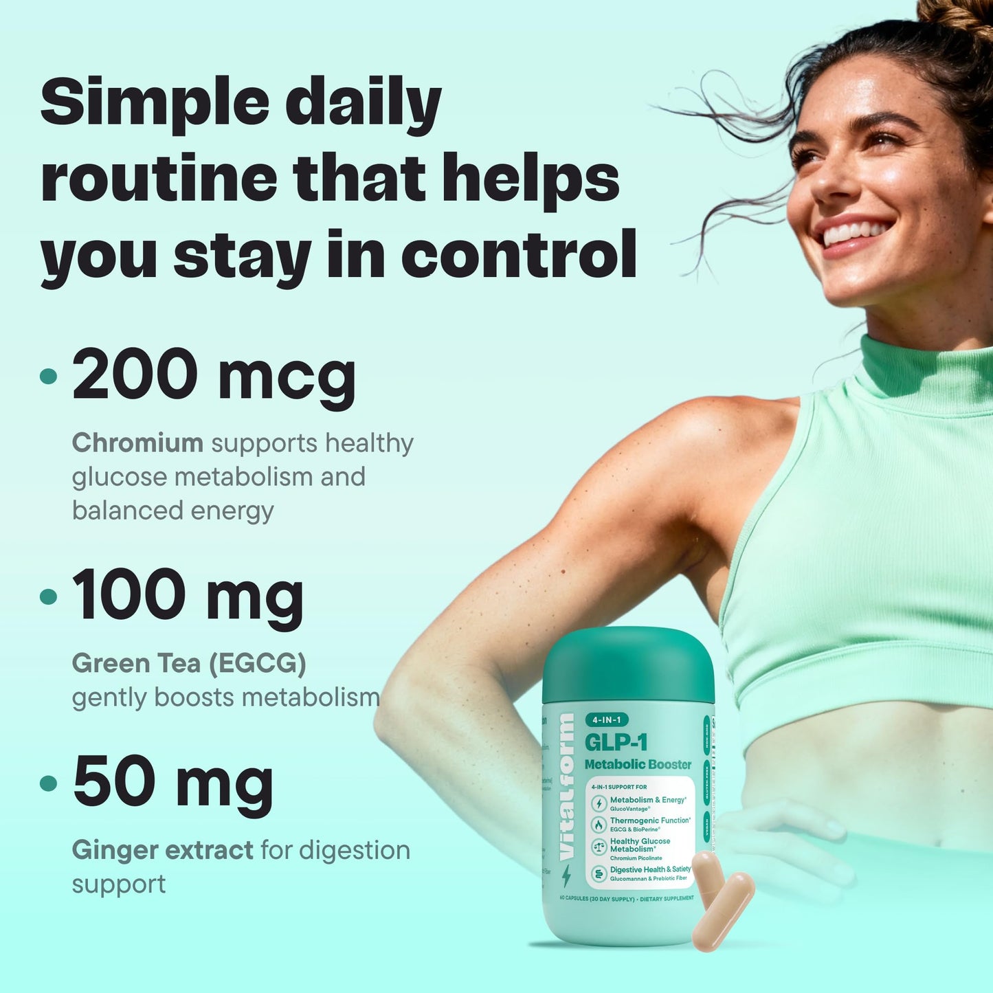 VitalForm GLP-1 Metabolic Support Supplement – 4-in-1 Formula for Appetite Control, Cravings, Digestion, Energy & Weight Management – With GlucoVantage®, Berberine, Inulin & EGCG – Vegan Capsules, 60 Count