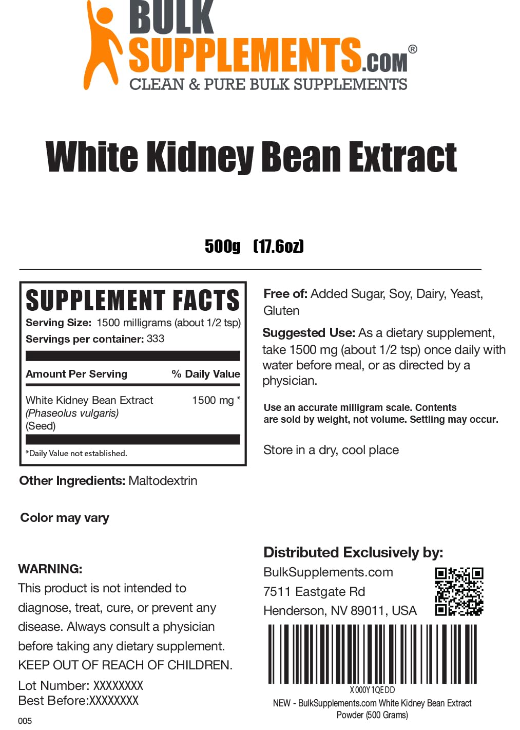 BulkSupplements White Kidney Bean Extract Powder 17.64 oz
