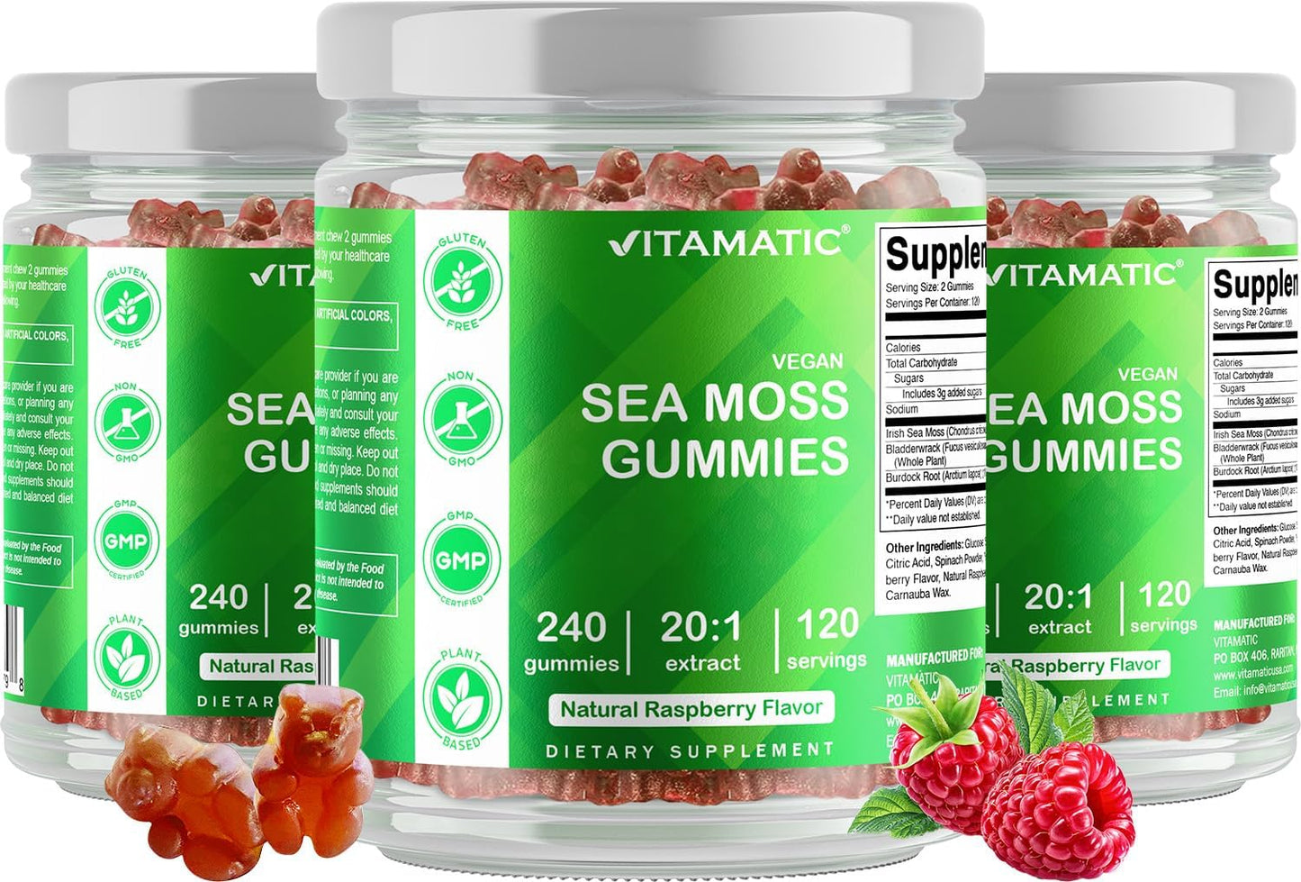 Vitamatic Irish Sea Moss & Bladderwrack Gummies with Burdock Root – Plant-Based Extract – Vegan, Non-GMO, Gluten-Free – Botanical Supplement, 240 Gummies