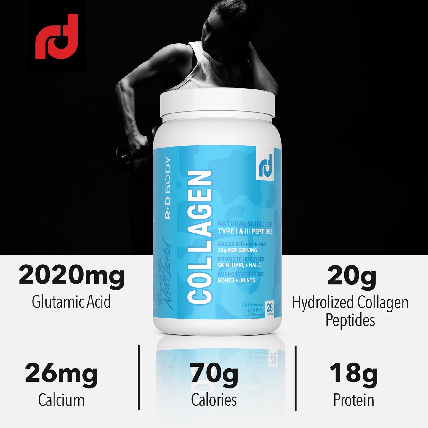R+D Body Natural Hydrolyzed Collagen Peptides Powder - Grass-Fed Type I & III (20g per Serving) - Supports Skin, Hair, & Nails, Plus Joint & Bone Support - Unflavored - 28 Servings