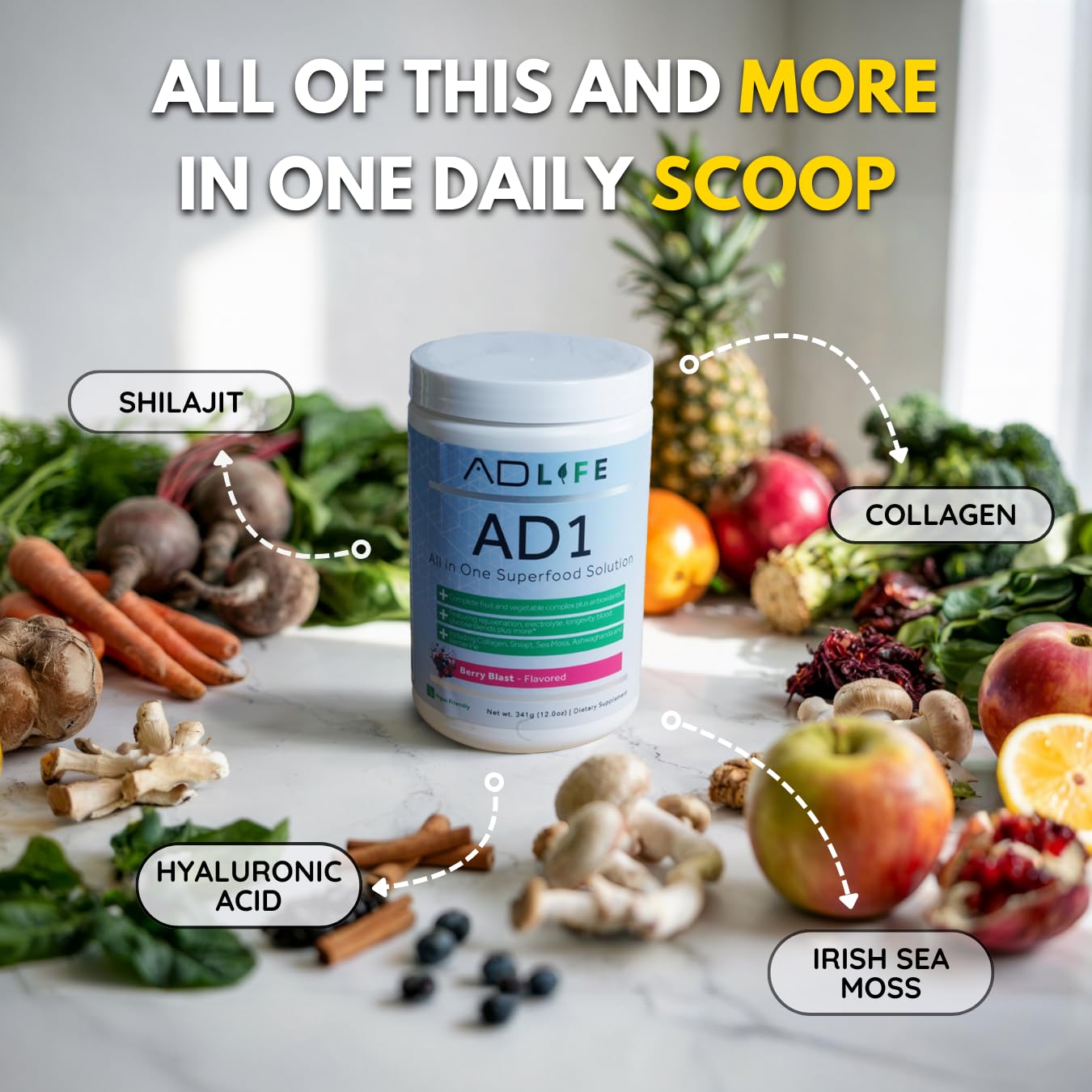 PROJECT AD LLC AD1 All in One Superfood Solution, Powder, 12.03 oz