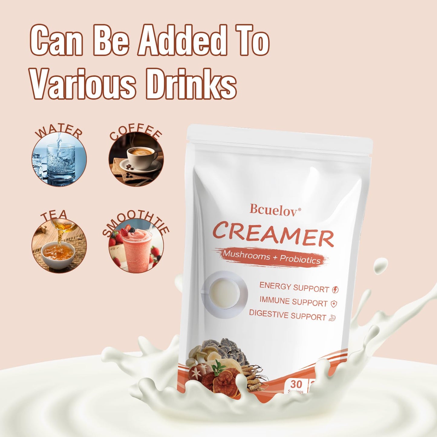 Bcuelov Mushroom Coffee Creamer Powder with 6 Adaptogenic Mushrooms & Probiotics, 7.4 oz