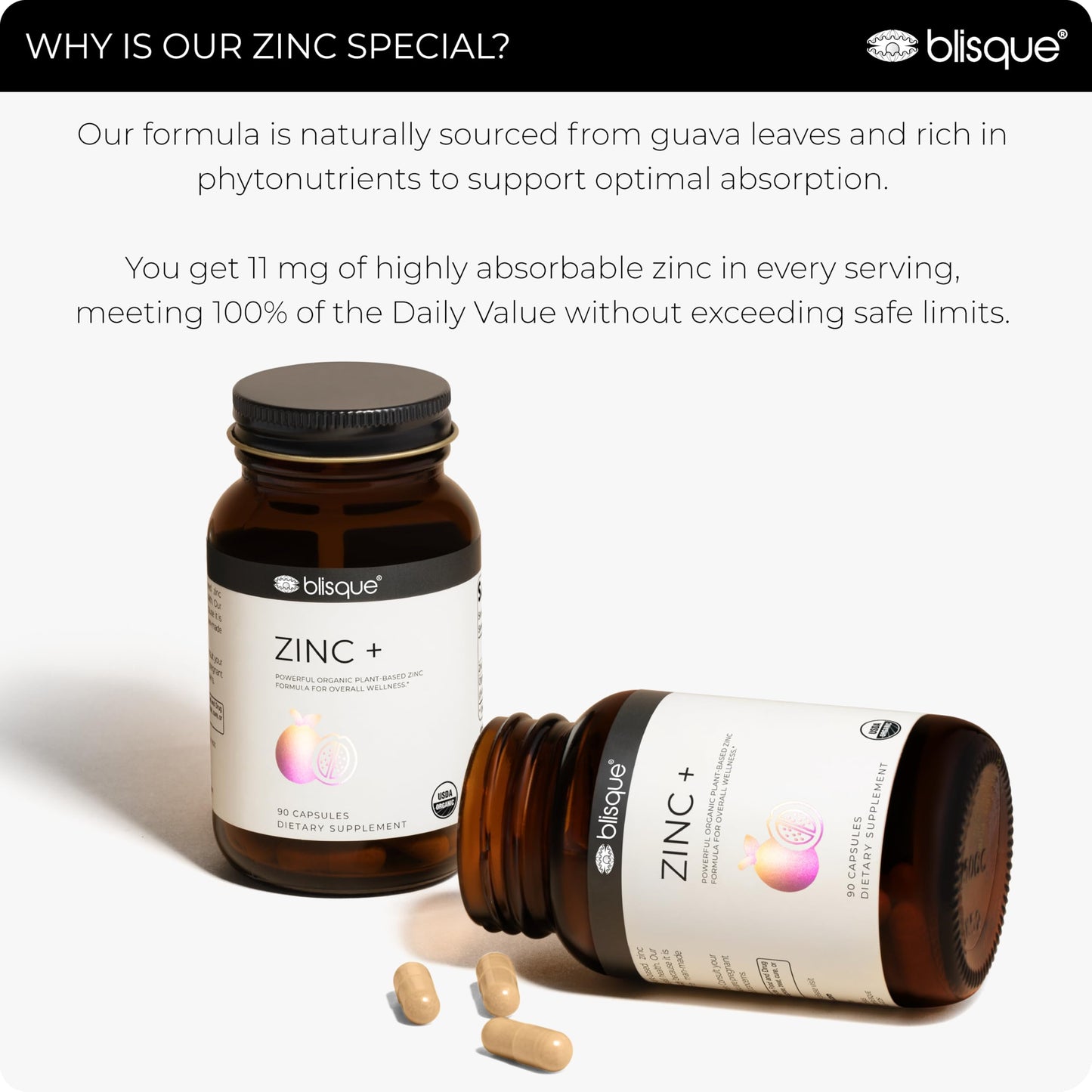 Blisque Organic Zinc Supplement Sourced from Guava Leaves with Ginger Extract, 90 Capsules