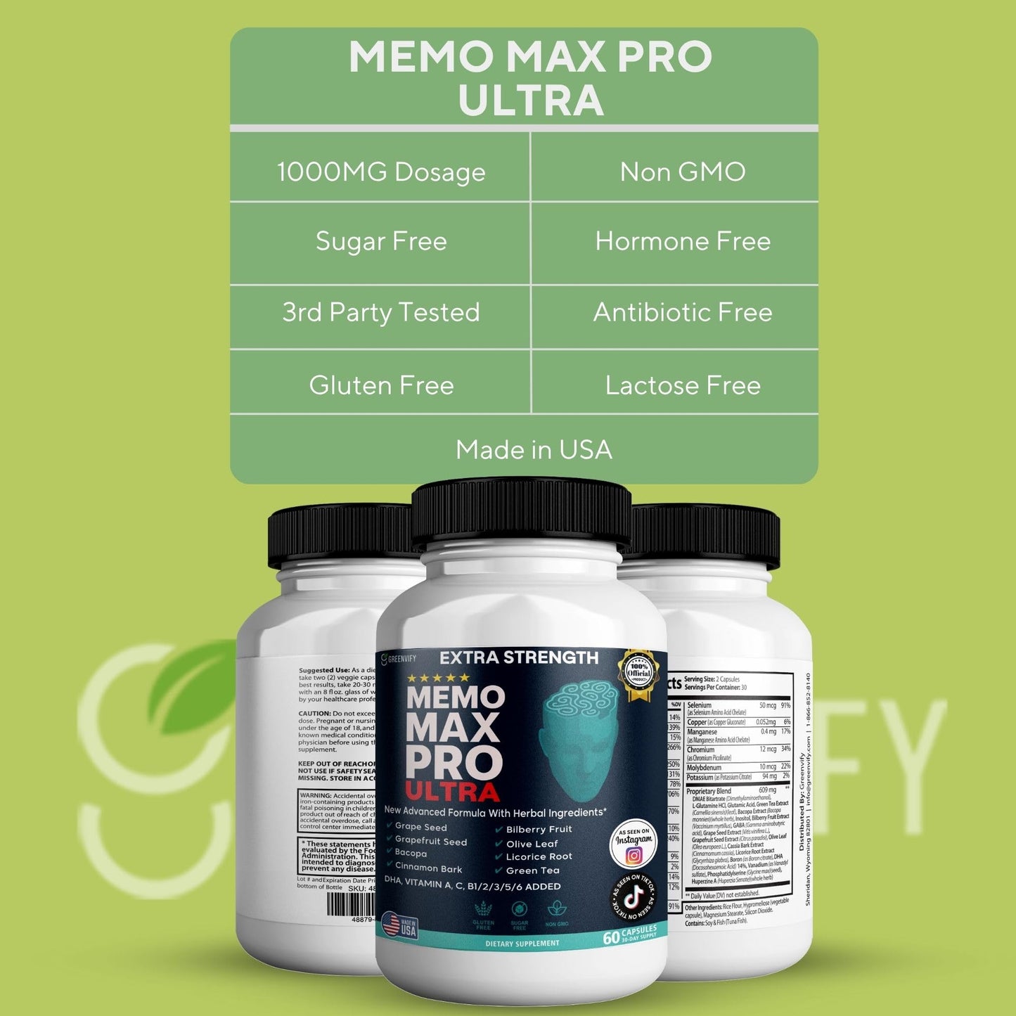 GREENVIFY Memo Max Pro Ultra Memory Support Supplement 60 Capsules