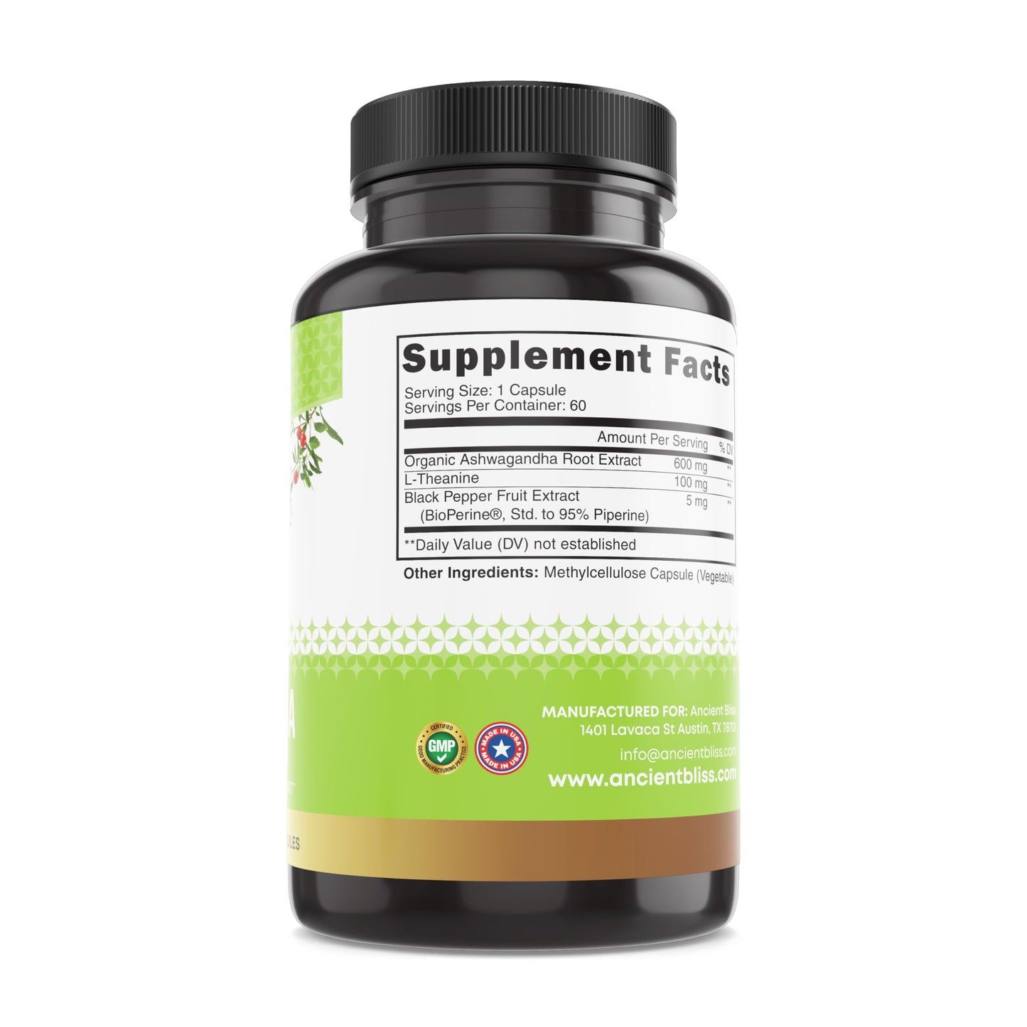 Ancient Bliss Ashwagandha with L-Theanine & Black Pepper Extract, 60 Capsules