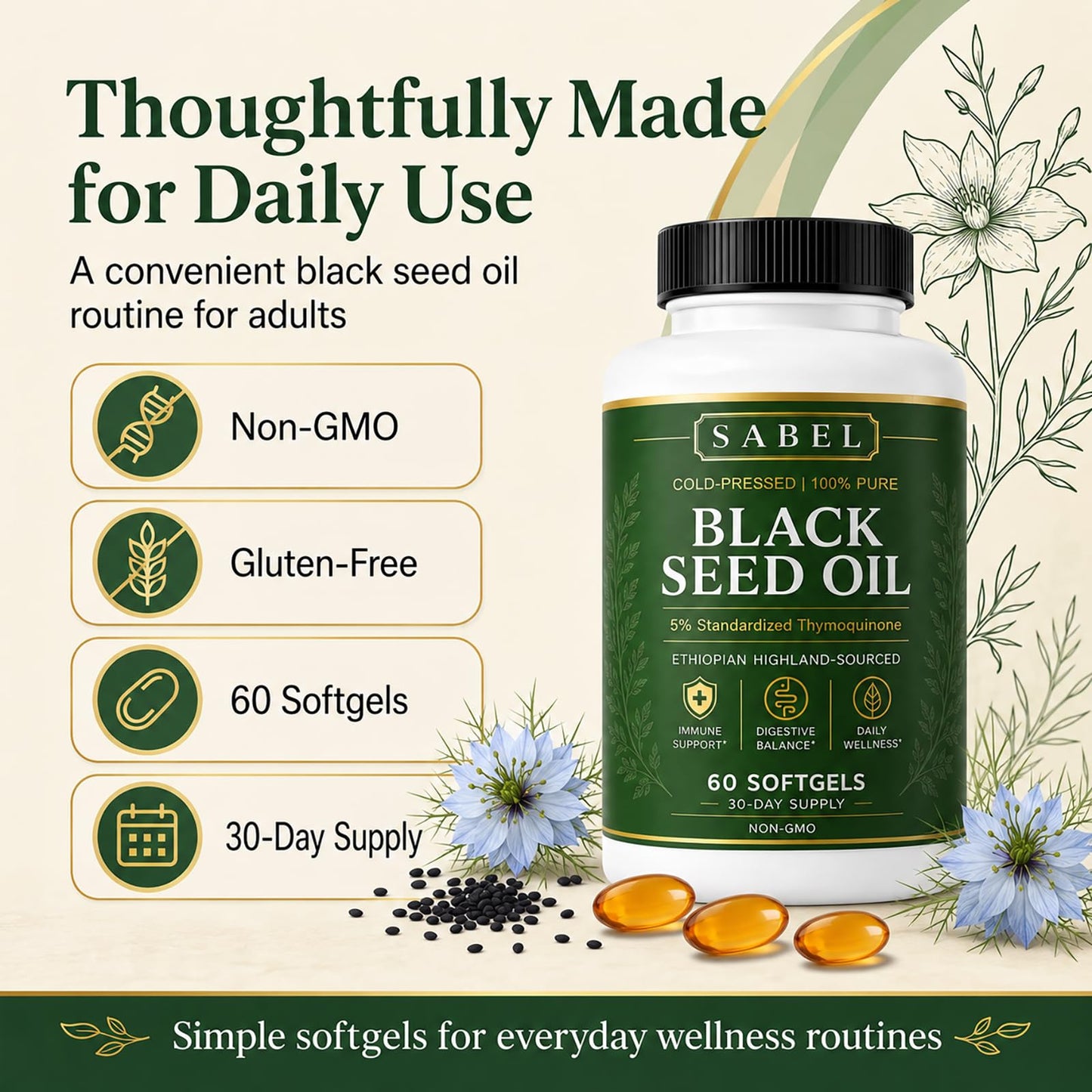 Sabel Ethiopian Black Seed Oil Softgels, 60 Count