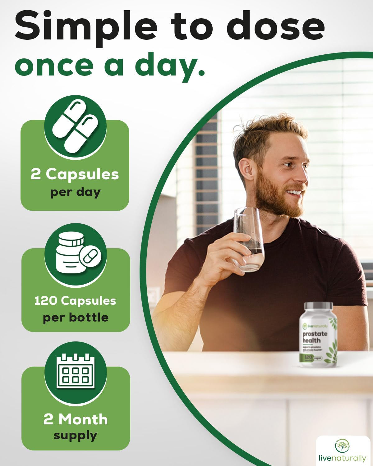 livenaturally Prostate Health Supplement for Men, Advanced Formula with Saw Palmetto, Pumpkin Seed, Stinging Nettle Root, Zinc, Selenium and Vitamin E, 120 Capsules