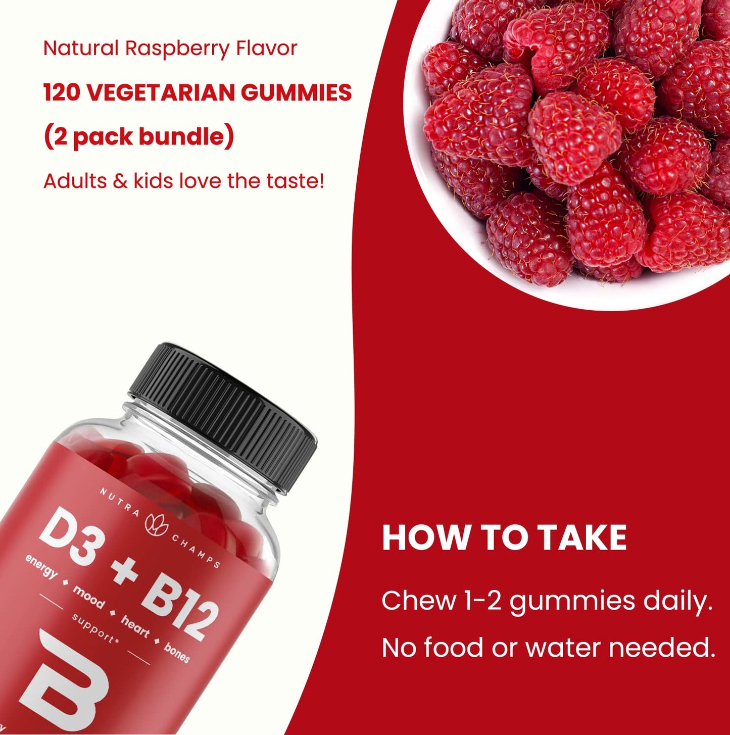 NutraChamps Vitamin D3 & B12 Methyl B12 Gummies for Adults & Kids, 120 Gummies