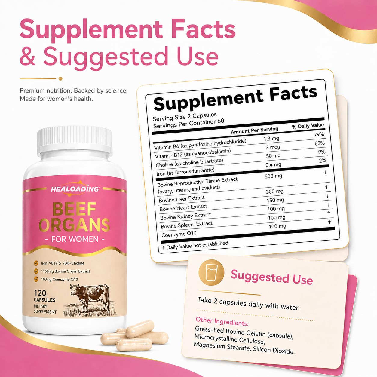 HEALOADING Beef Organ Supplement for Women Grass-Fed 100% Desiccated & Non-Defatted Liver, Heart, Kidney, Spleen, Pancreas Capsules, 120 Count