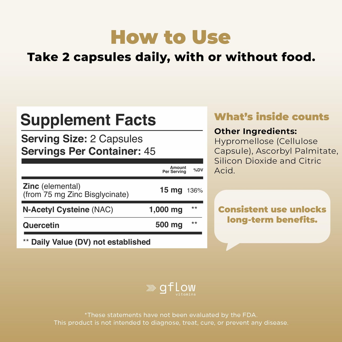 gflow vitamins N-Acetyl-Cysteine with Zinc Quercetin NAC Supplement Capsules, 90 Count