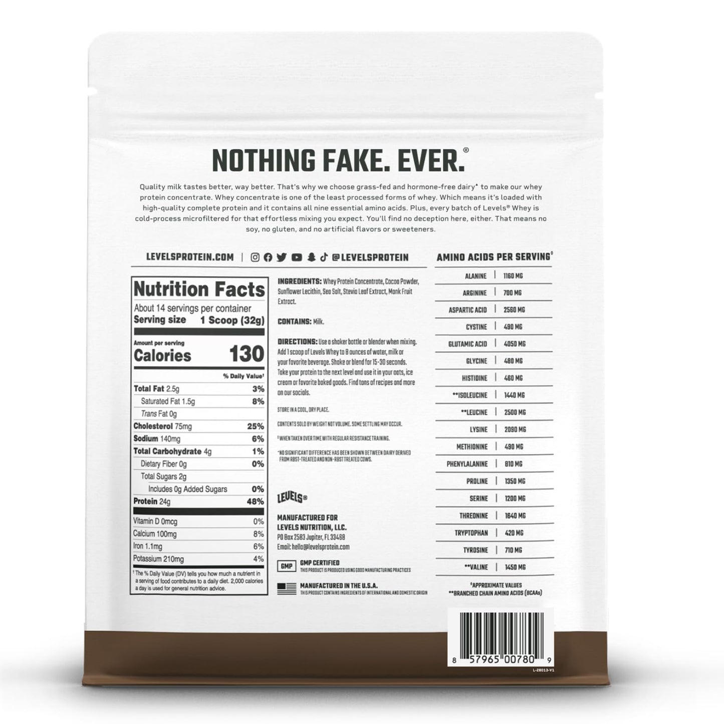 Levels Grass Fed Whey Protein Powder, Double Chocolate, 1 Pound, 16 Servings