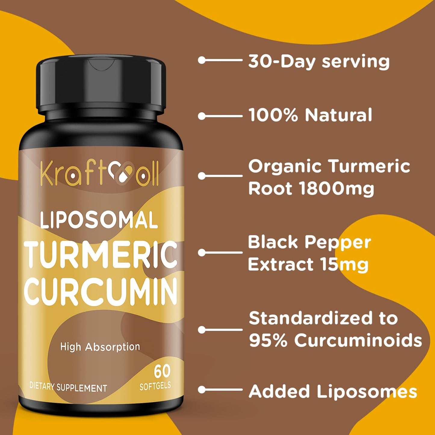Kraftvoll Liposomal Turmeric Curcumin 2200 mg with Black Pepper for Enhanced Absorption and Joint Support Softgels 120
