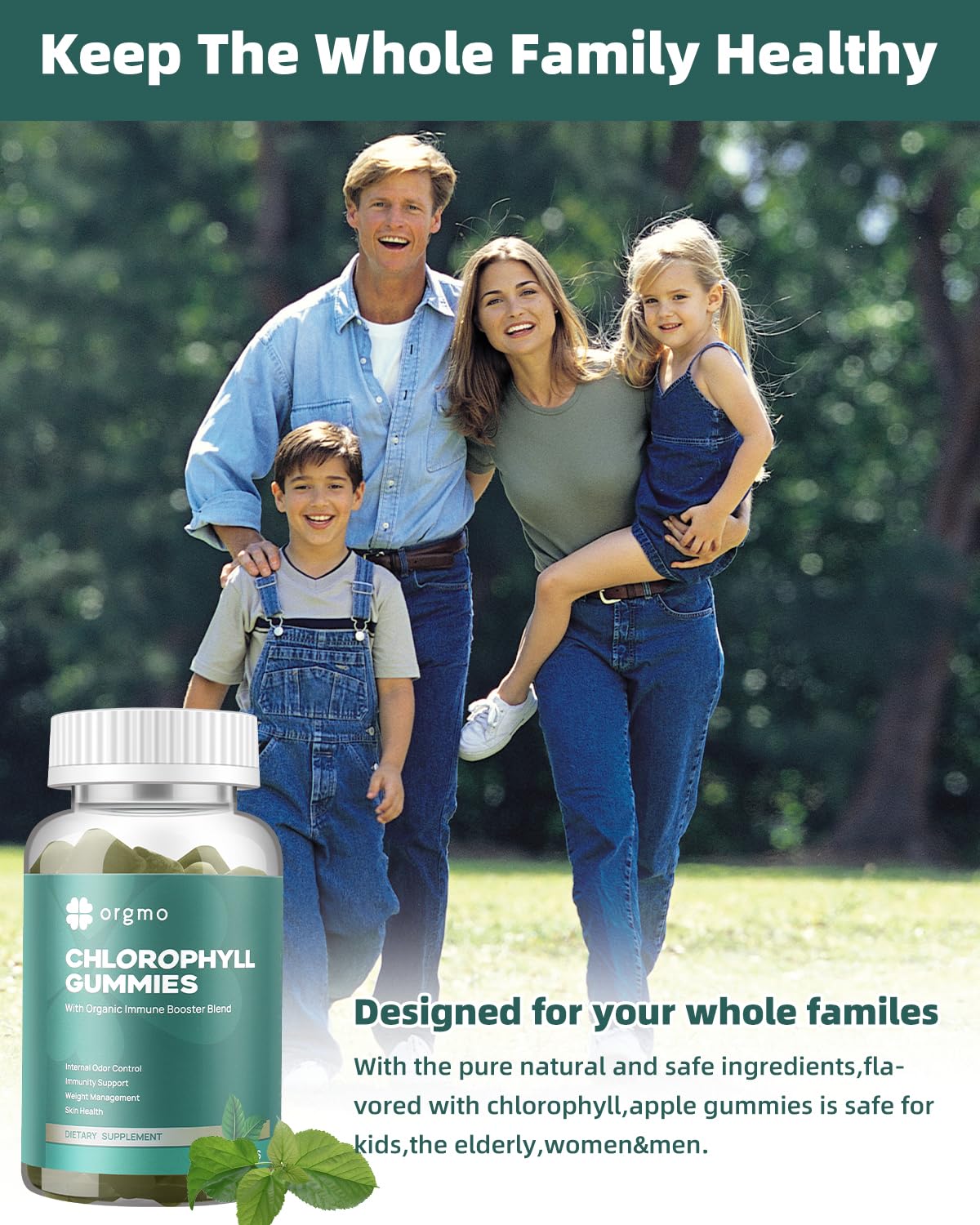 ORGMO Chlorophyll Gummies for Body Odor Sugar Free, Internal Deodorant Supplement for Women/Men with ACV Chlorella Spirulina Vitamin D, Vegan Immune & Digestion Support, 120 Count