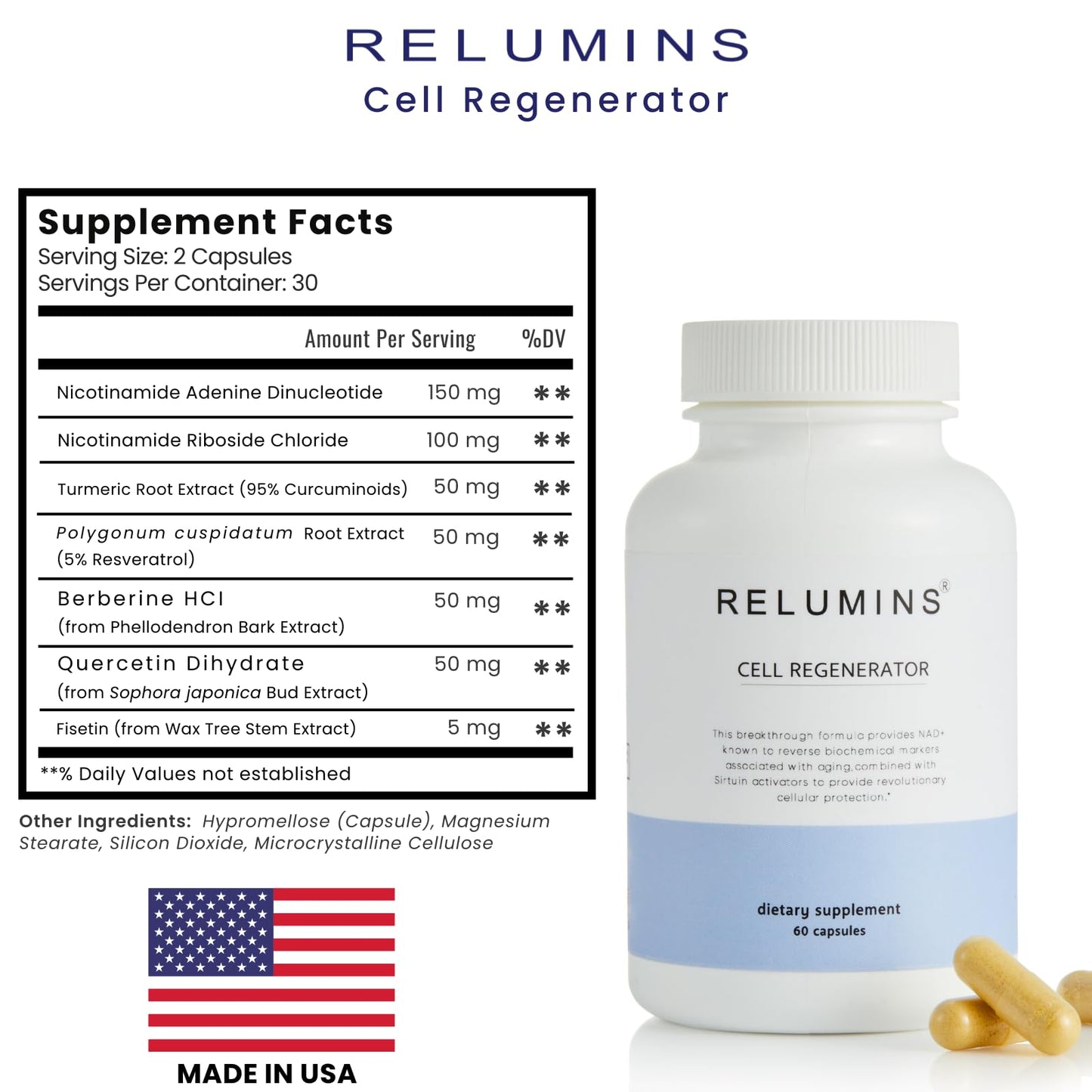 Relumins NAD+ Supplement with Nicotinamide Riboside, Resveratrol, Quercetin, Fisetin & Curcumin – Capsule, 60 Count