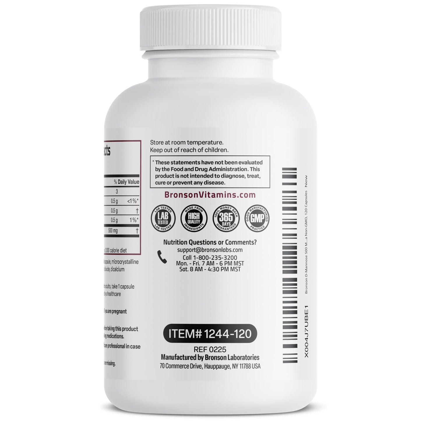 Bronson D-Mannose 500 mg Vegetarian Friendly Formula Non-GMO 120 Capsules