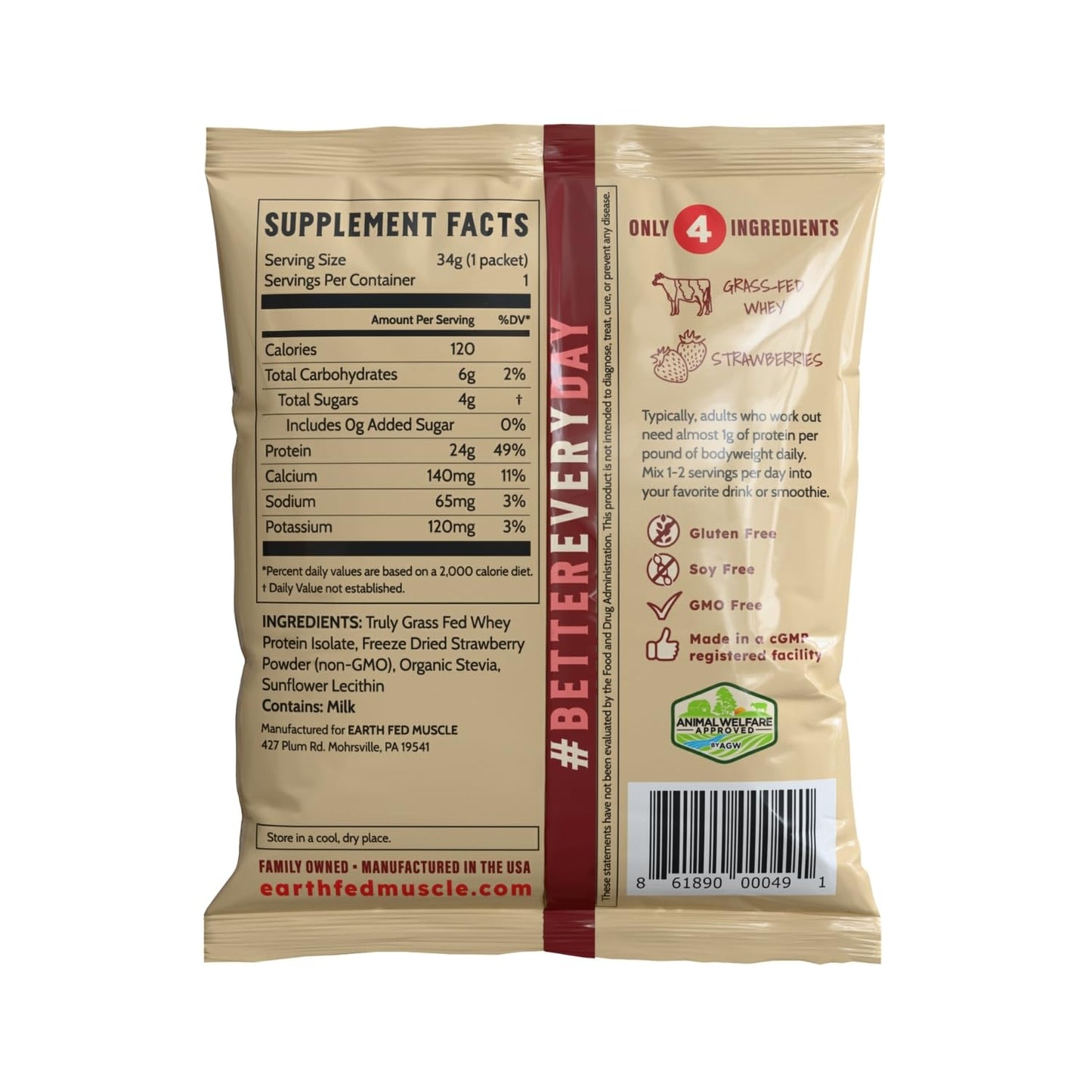 Earth Fed Muscle Whey Back Irish Grass Fed Whey Protein Isolate, Single-Serve Packet, Strawberry Feels Forever, 1.2 oz