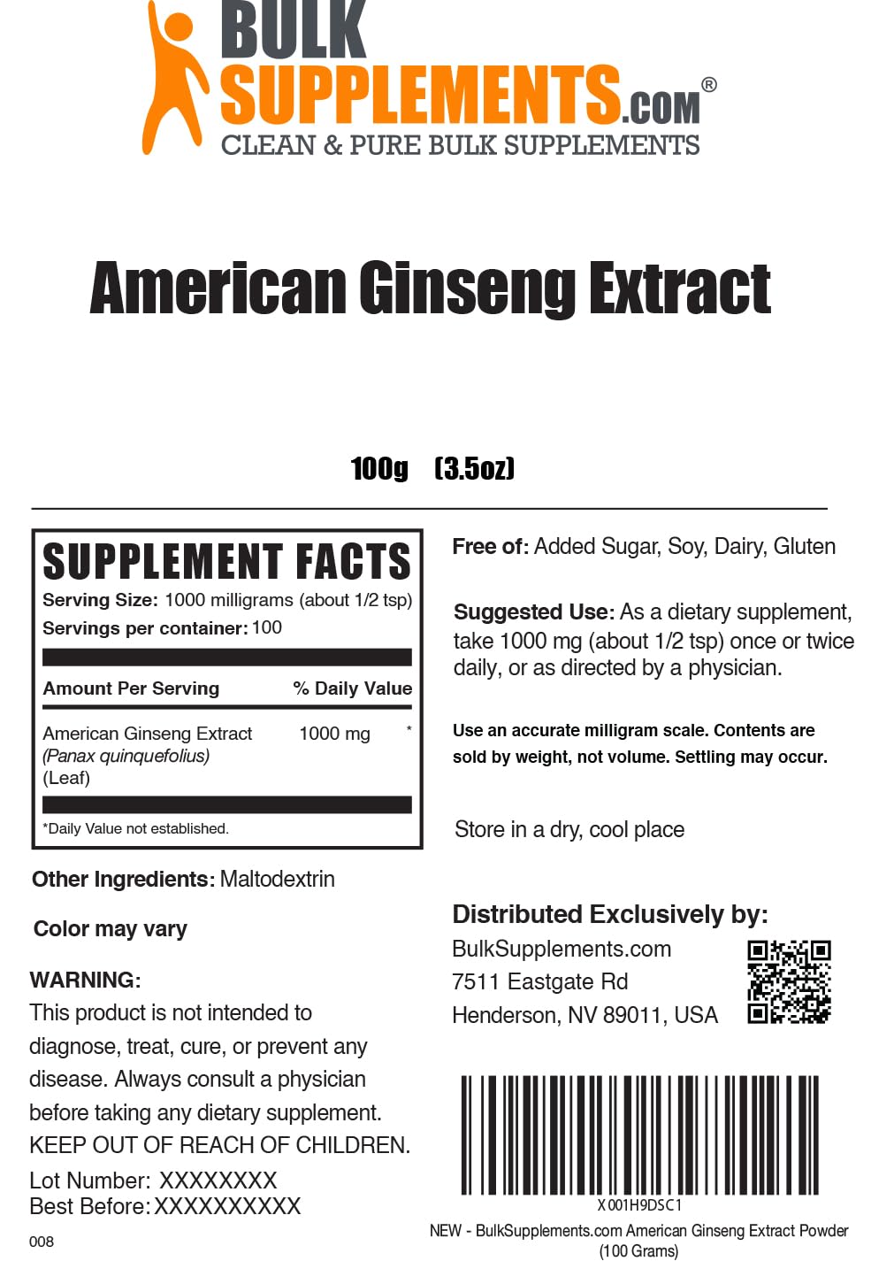 BulkSupplements American Ginseng Extract Powder, 3.5 oz