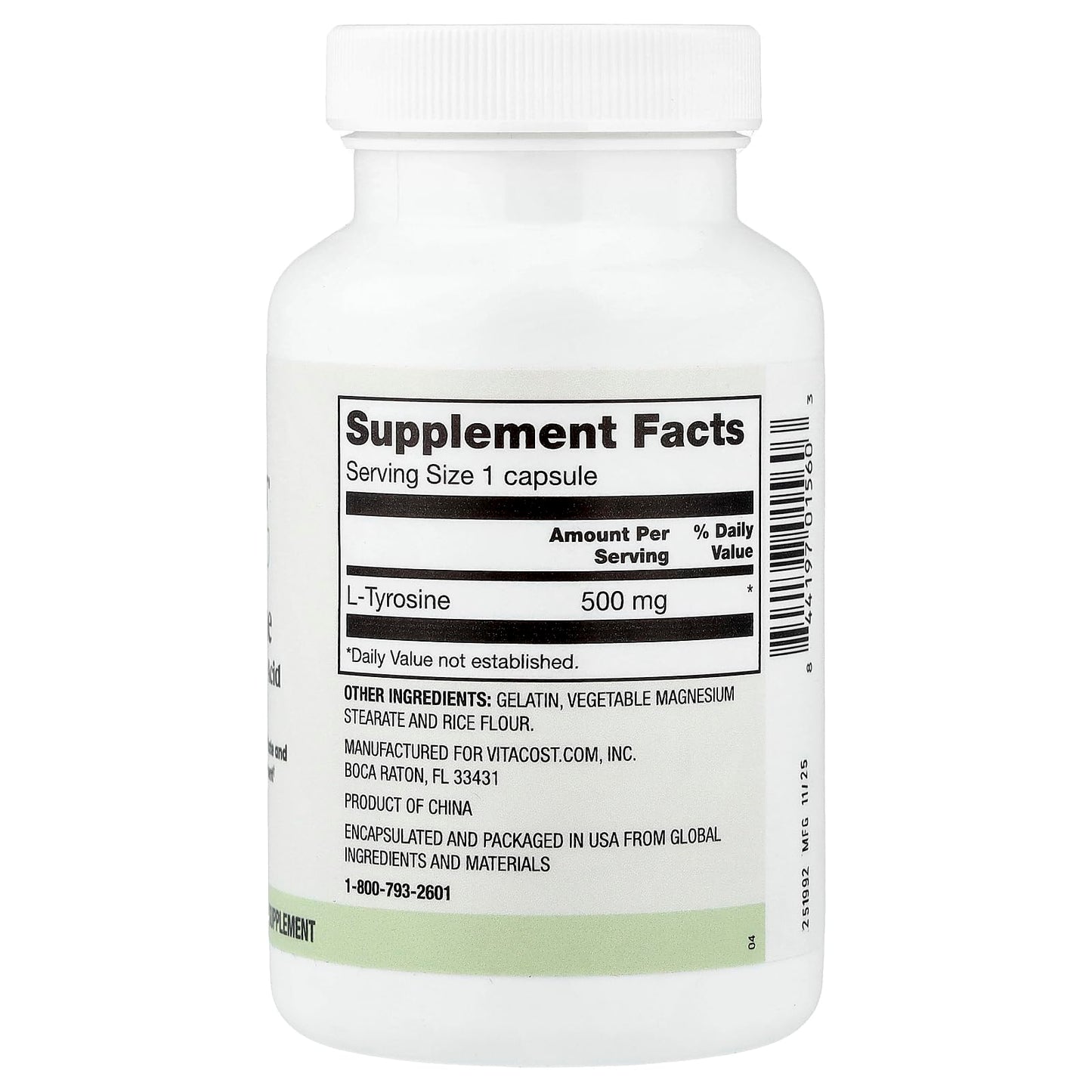Vitacost Everyday L-Tyrosine 500 mg Capsules, 100 Capsules