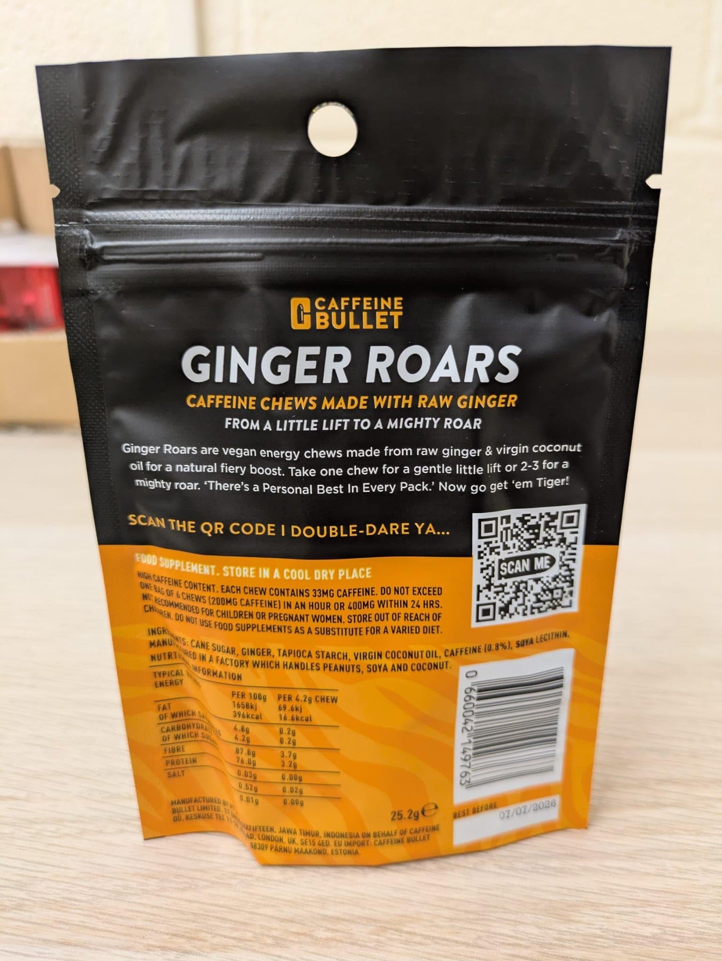 Caffeine Bullet 33mg Caffeine Chews Ginger Gummies, 60 Gummies