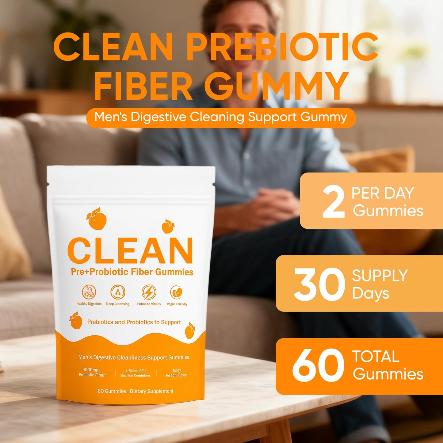 VCFBBG Clean Prebiotic Fiber Gummies for Men, 60 Count