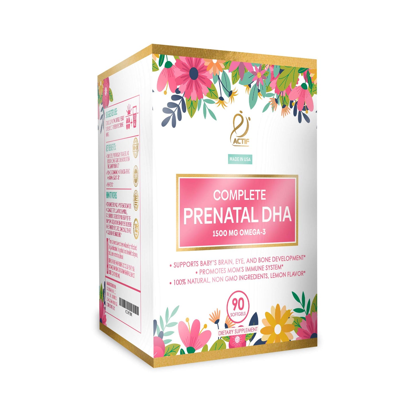 ACTIF Complete Prenatal DHA with 1500mg Omega-3, 100% Natural, Organic DHA, EPA – Non-GMO Softgels, 90 Count