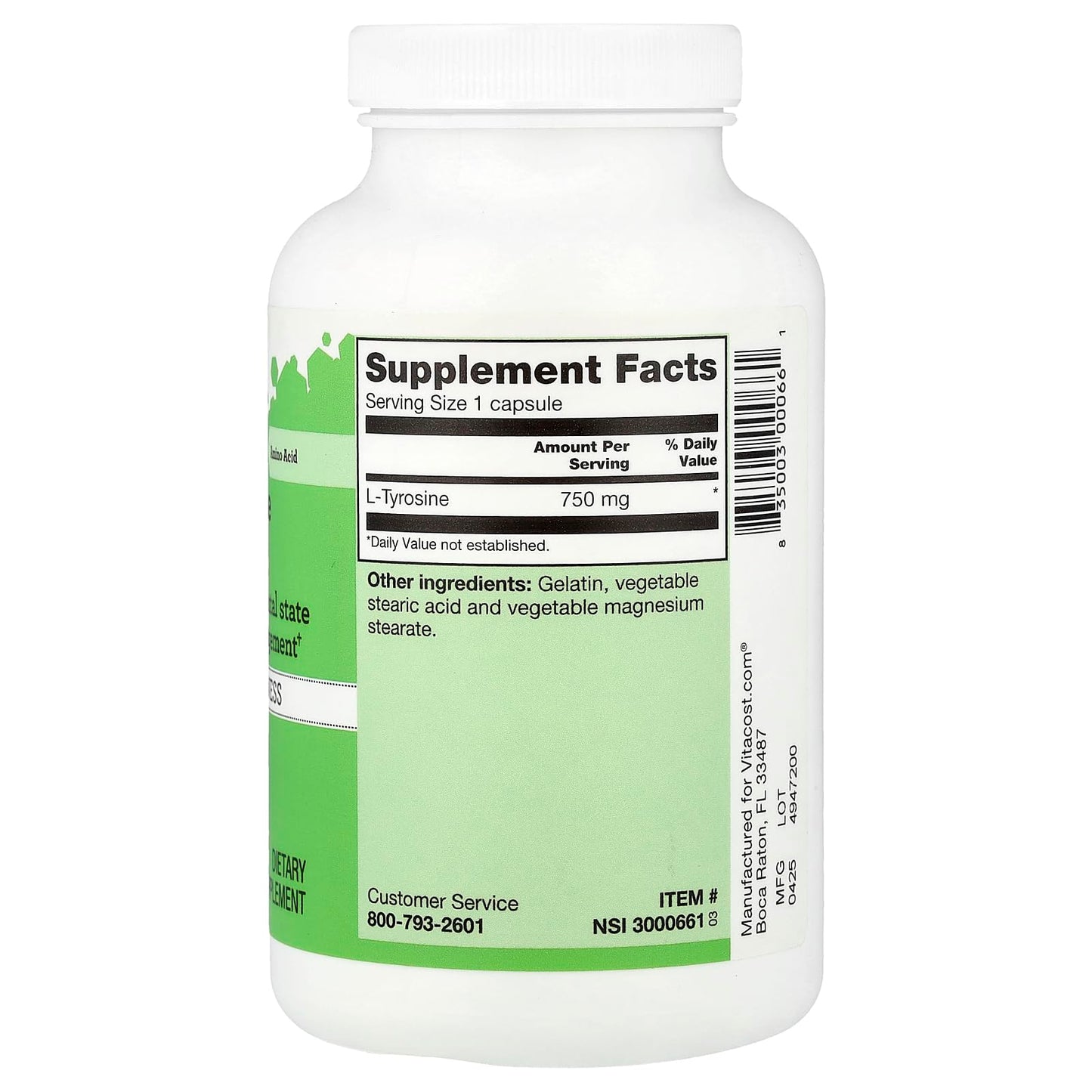 Vitacost L-Tyrosine 750 mg, 180 Capsules