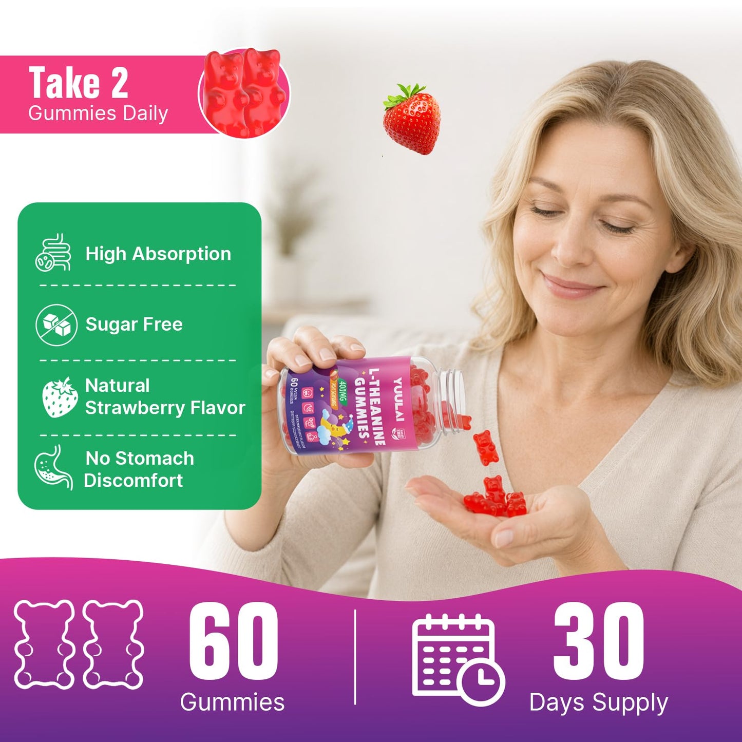 YUULAI L-Theanine Gummies 400mg, Sugar-Free L-Theanine with Ashwagandha, GABA, 5HTP for Relax, Zzz & Focus Support, Vegan, Strawberry Flavor, 60 Gummies