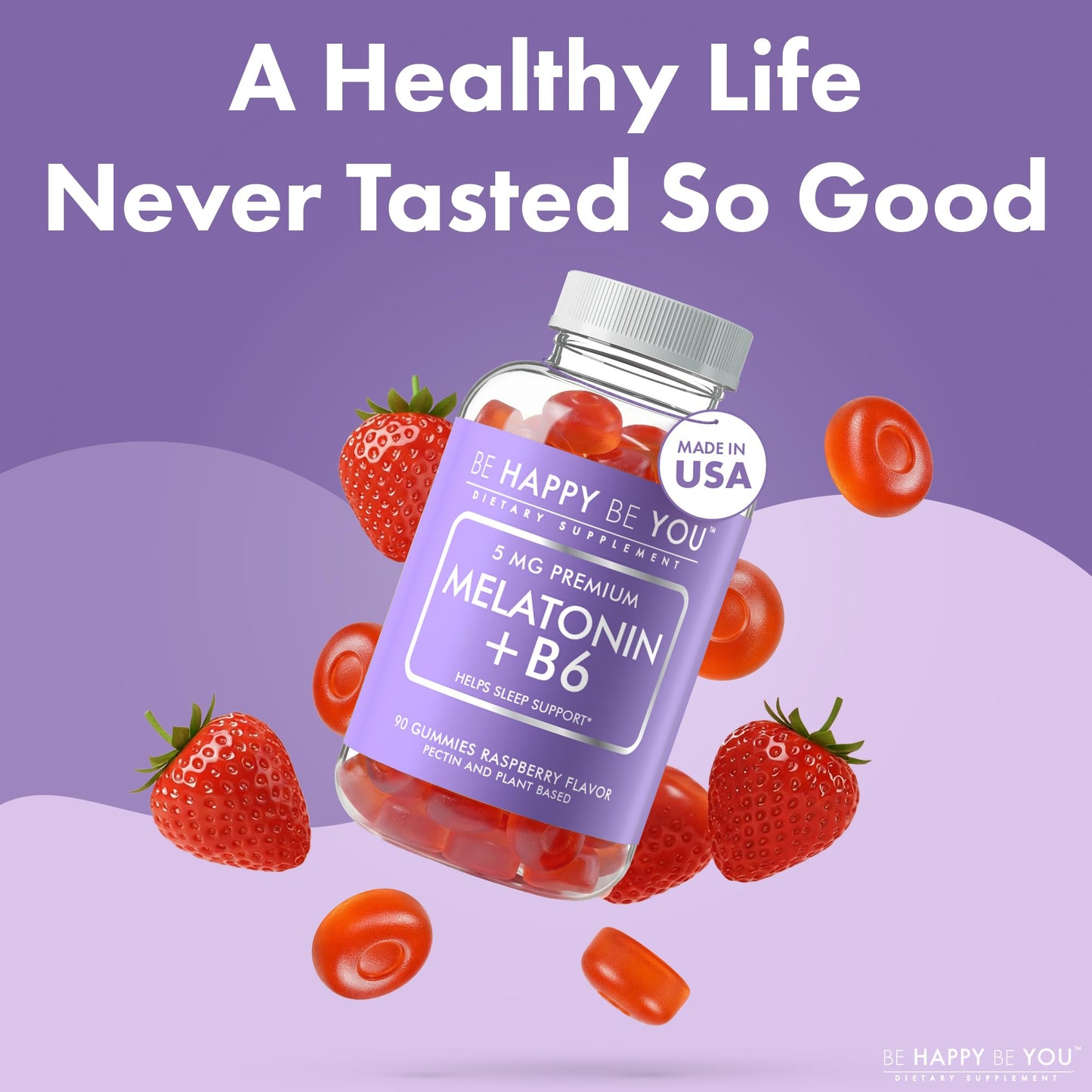 Be Happy Be You Melatonin Gummies 5mg with Vitamin B6, Raspberry Flavor, 90 Count