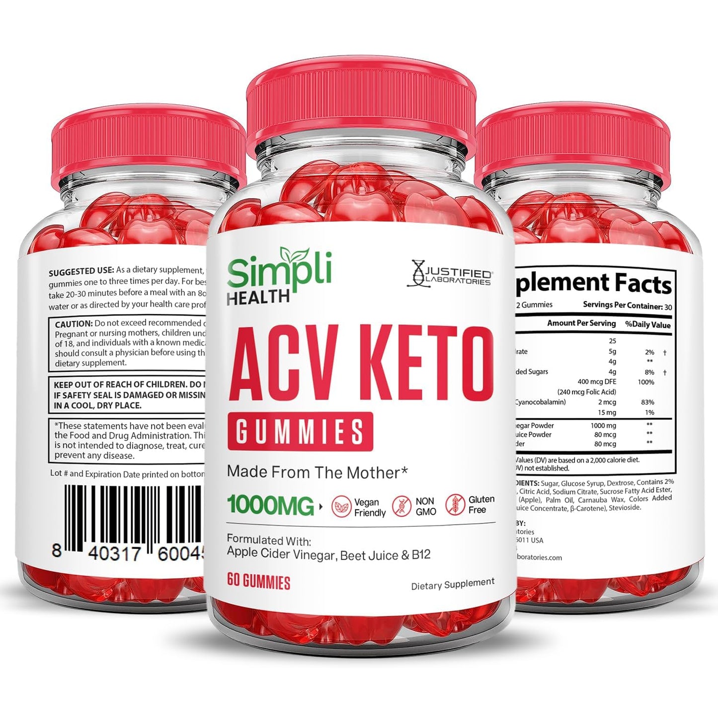 Justified Laboratories Simpli Health Keto ACV Gummies Advanced Formula 1000MG, 180 Gummies