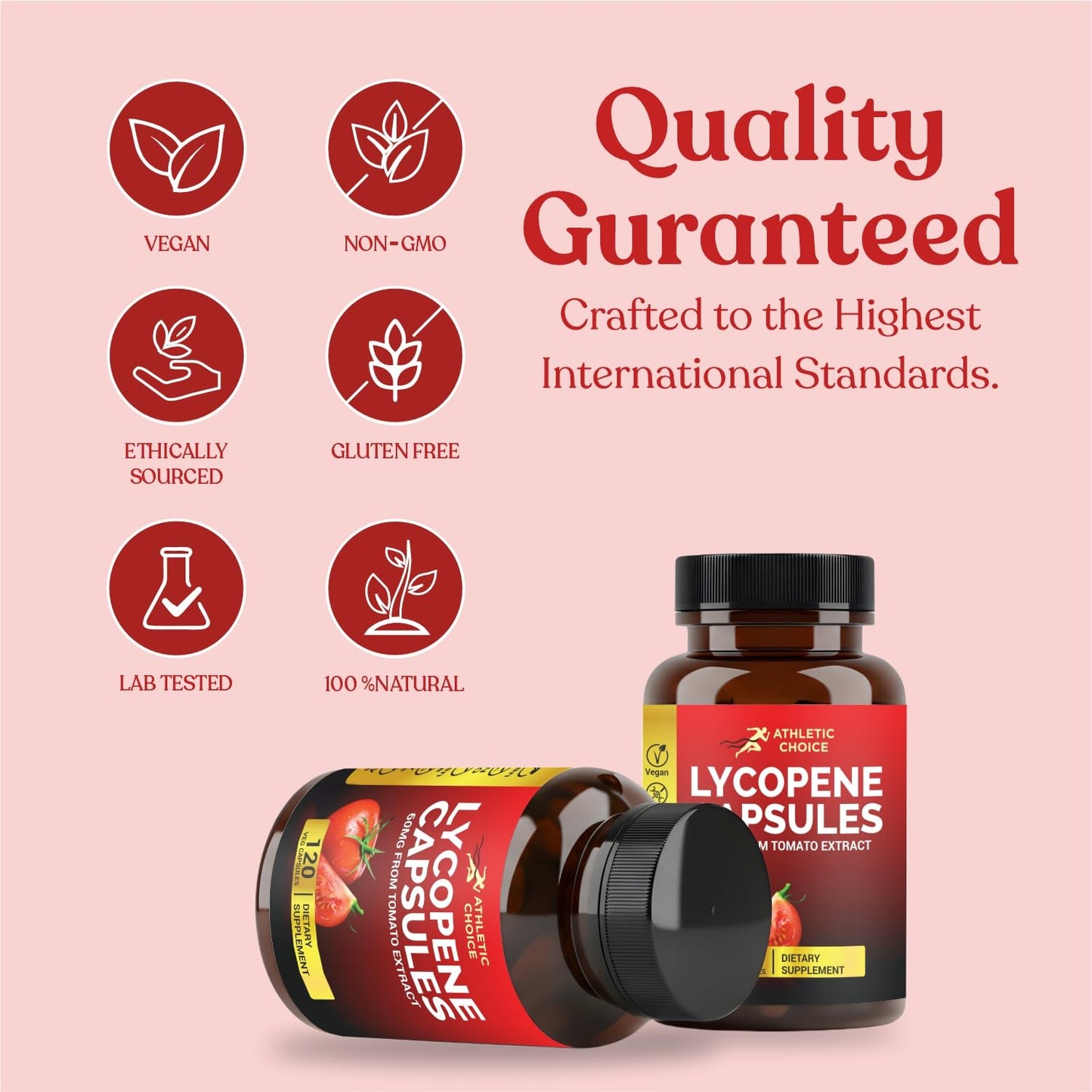 Athletic Choice Lycopene Supplement Capsule, 60mg, Natural Tomato Extract Powder, 120 Capsules