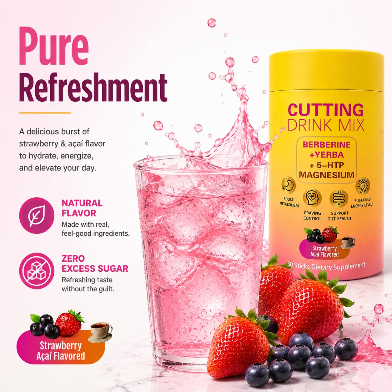 QYGCHUSIN Cutting Drinking Mix Gut Health & Energy with Magnesium, Berberine, 5-HTP, Yerba Mate & FOS Strawberry Acai Flavor Powder 6.35 Ounce