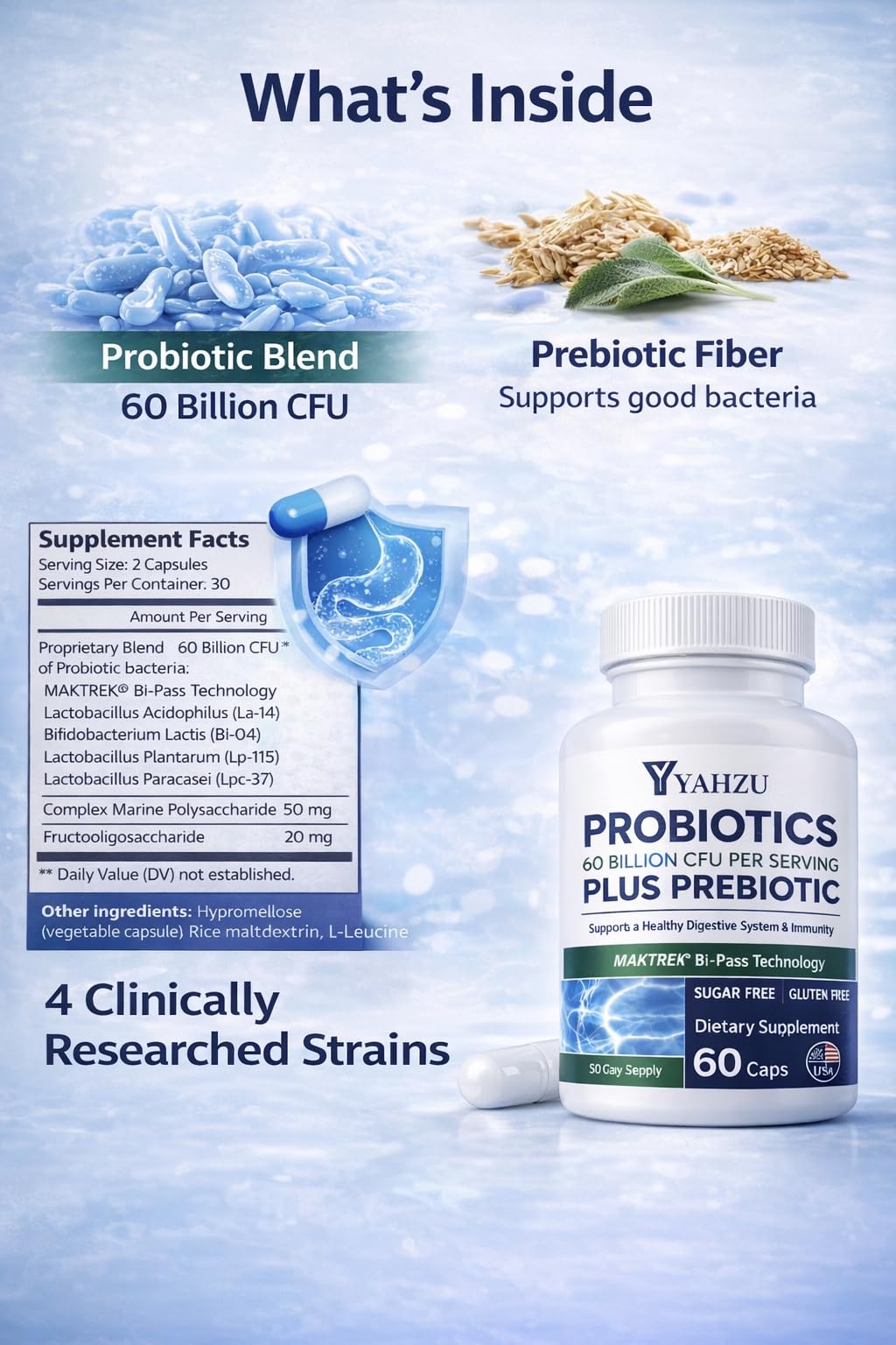 YAHZU 60 Billion CFU Probiotics with Prebiotic Fiber – Synbiotic Digestive & Immune Support for Men & Women, 4 Clinically Researched Strains, 60 Capsules