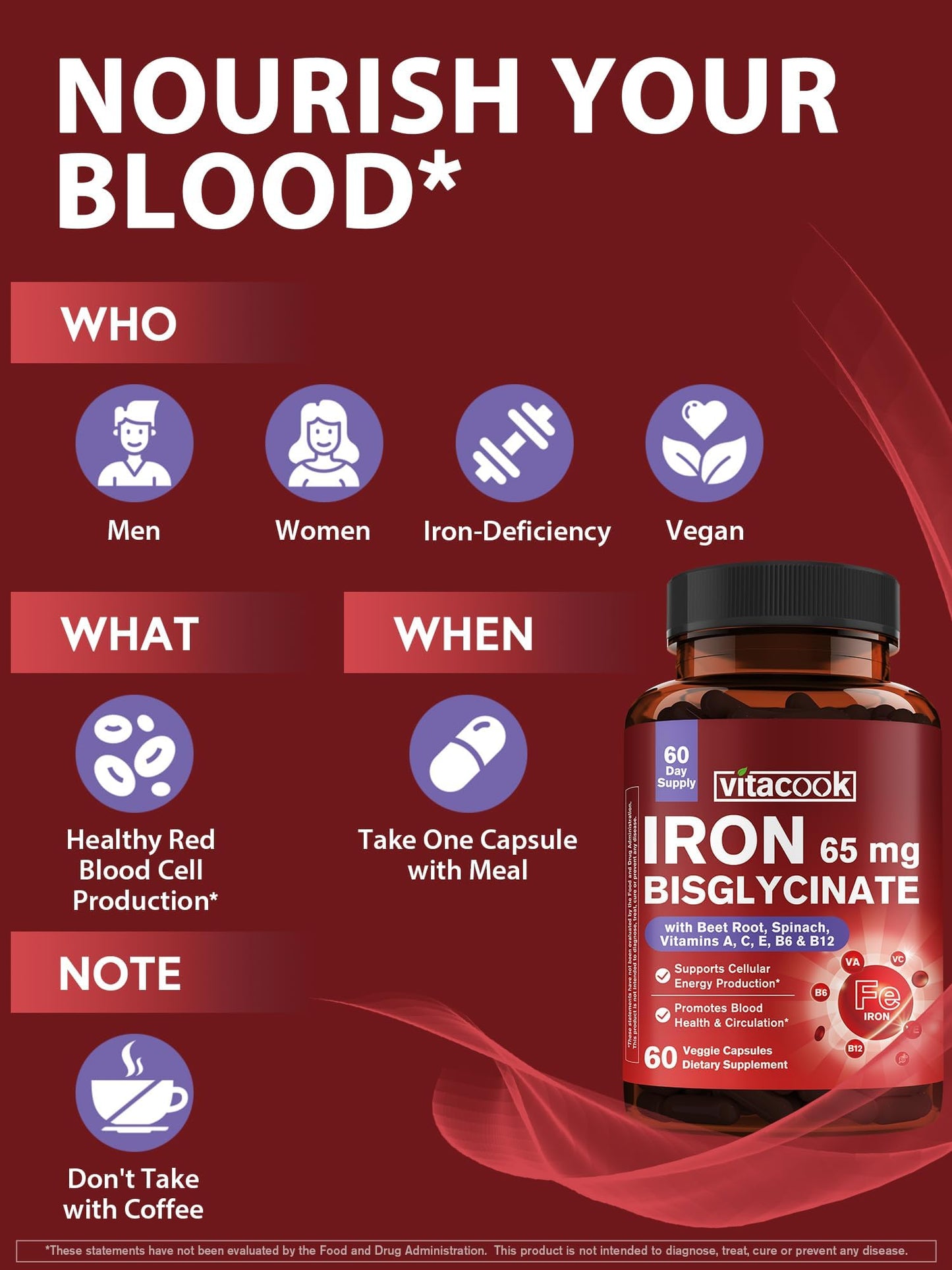 Vitacook Iron Supplement 65mg Ferrous Bisglycinate Chelate Capsule, 120 Count