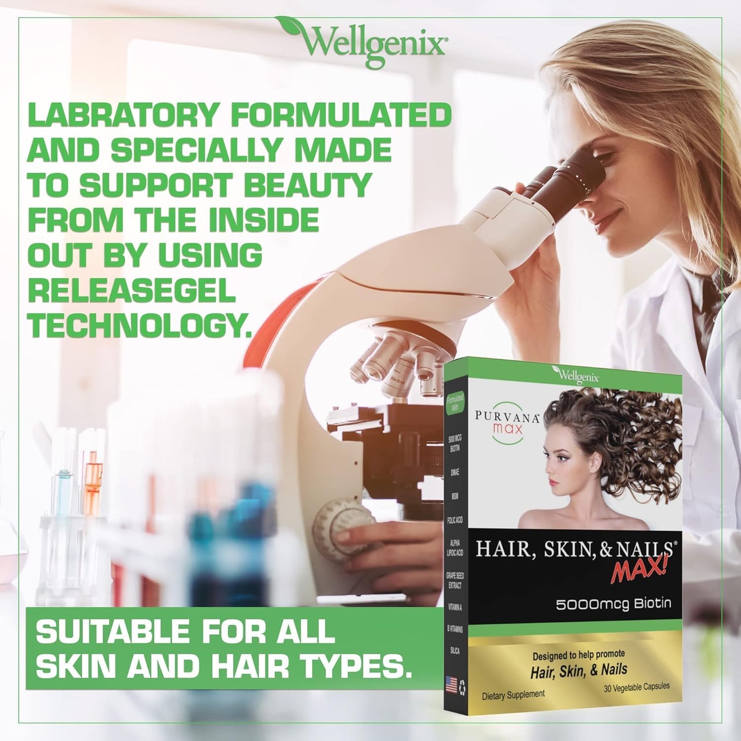 Wellgenix Purvana MAX Hair Skin and Nails Supplement 5000mcg Biotin with MSM & B-Complex Capsules, 30 Count