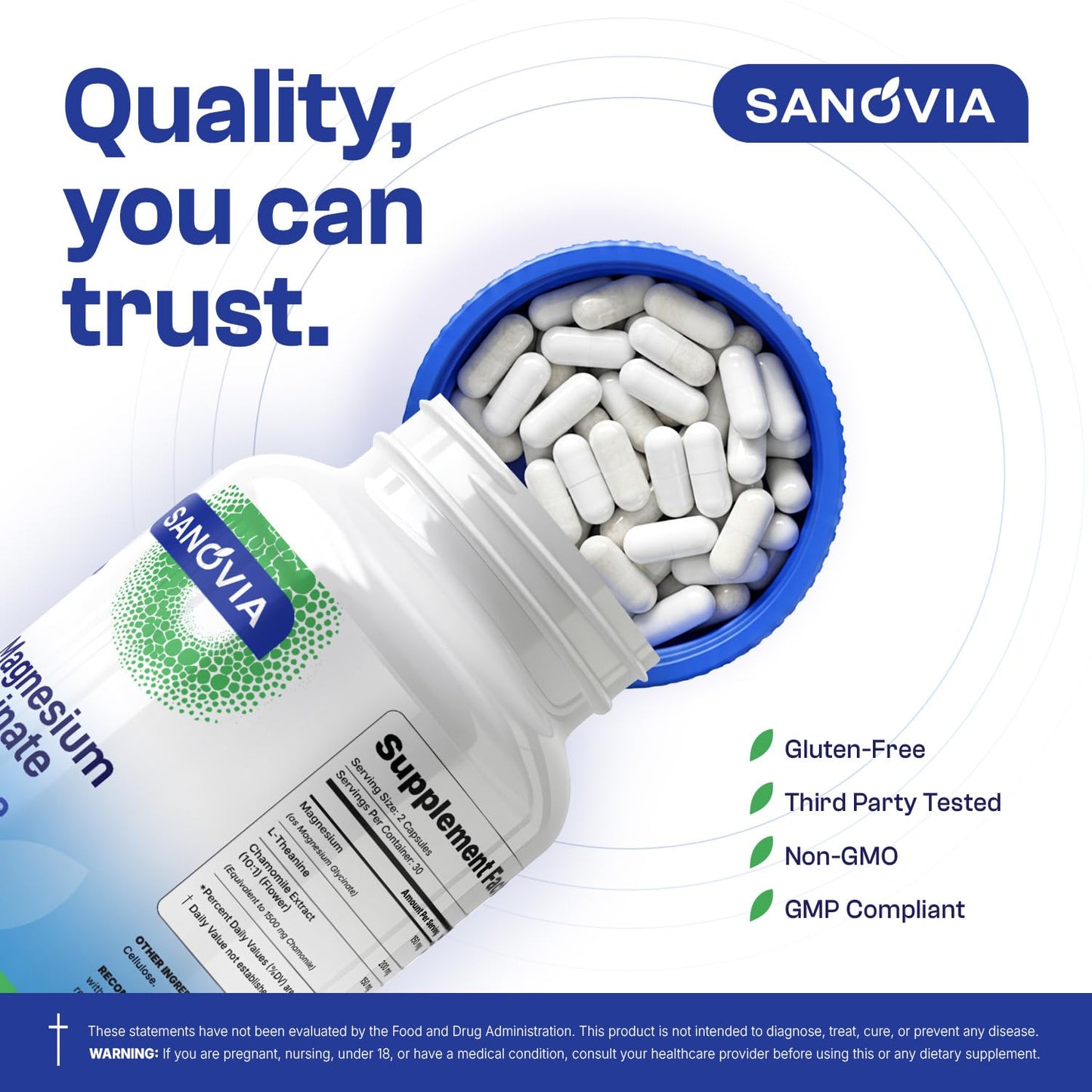 SANOVIA Magnesium Glycinate with L-Theanine 200mg & Chamomile 10:1, 150mg Magnesium Sleep & Calm Support, 60 Capsules